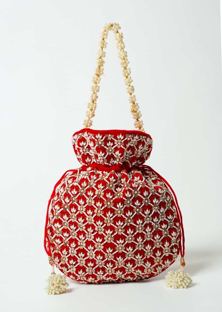 Red Potli Bag In Velvet With Cut Dana And Beads Embroidered Jaal