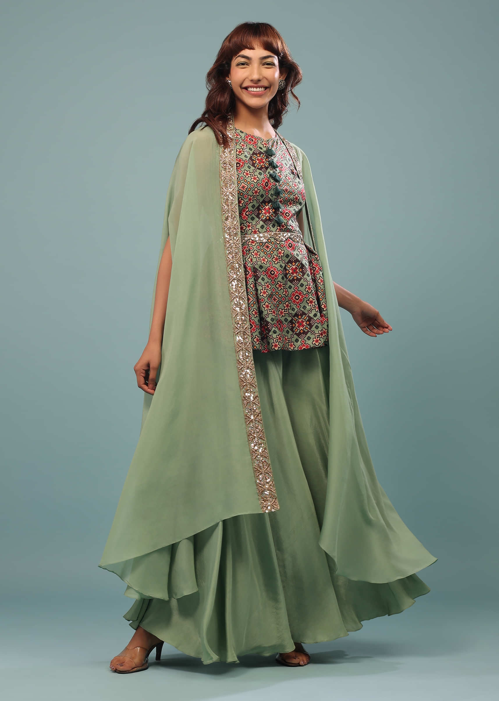 Moss Green Printed Palazzo Top Set With Embroidered Shrug