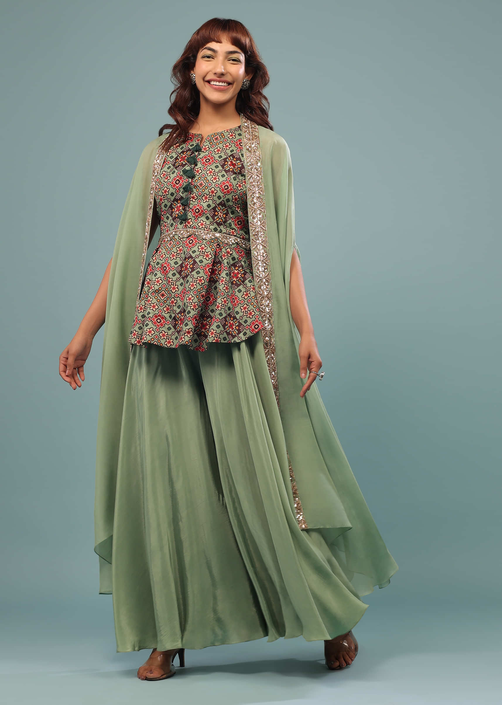 Moss Green Printed Palazzo Top Set With Embroidered Shrug