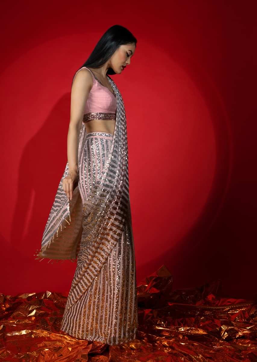 Rose Pink Ombre Ready Pleated Saree Embellished In Sequins With A Raw Silk Blouse Embellished With Sequins  