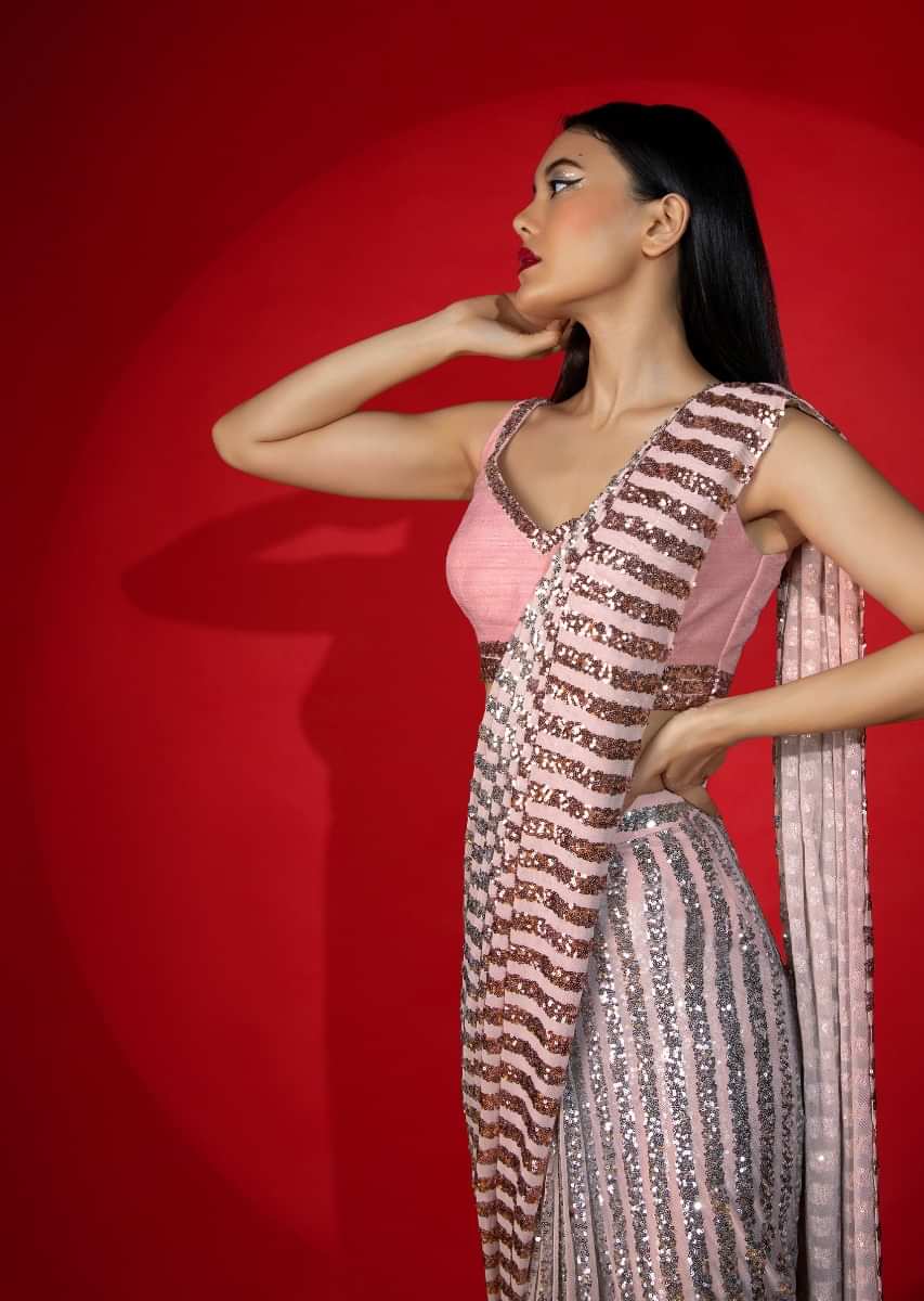 Rose Pink Ombre Ready Pleated Saree Embellished In Sequins With A Raw Silk Blouse Embellished With Sequins  