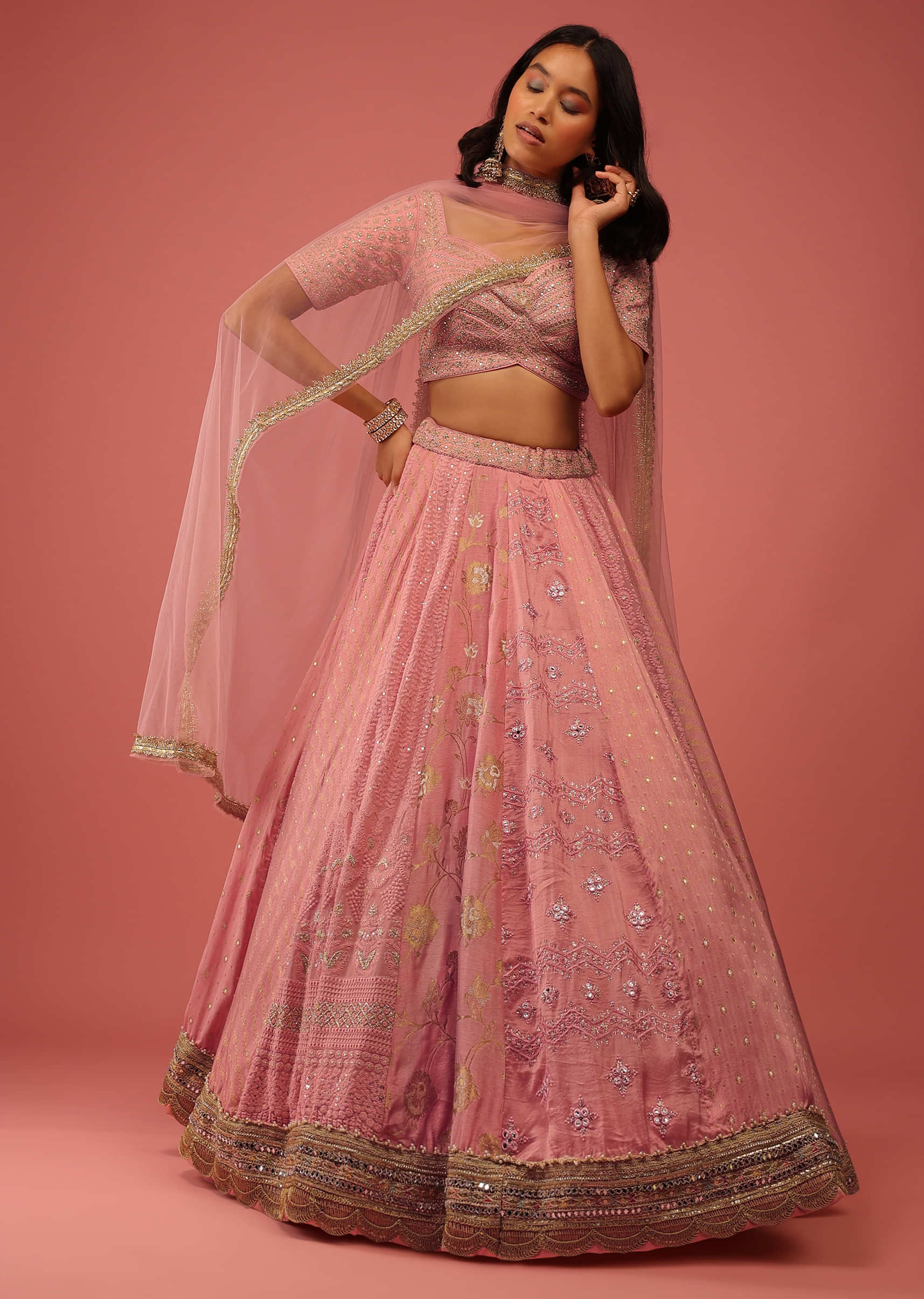 Rose Pink Lehenga Choli In Silk With Brocade And Lucknowi Kali Design