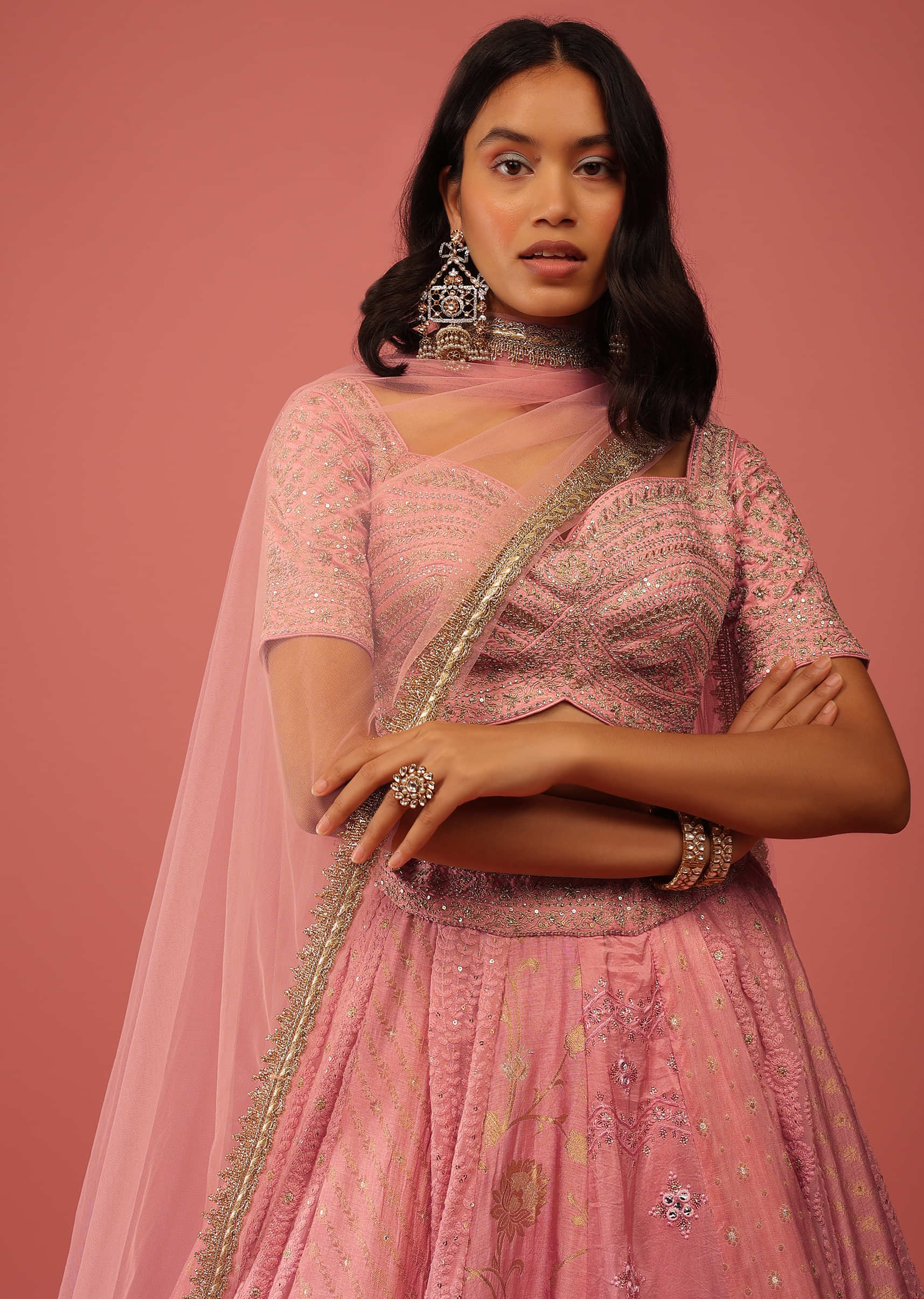 Rose Pink Lehenga Choli In Silk With Brocade And Lucknowi Kali Design