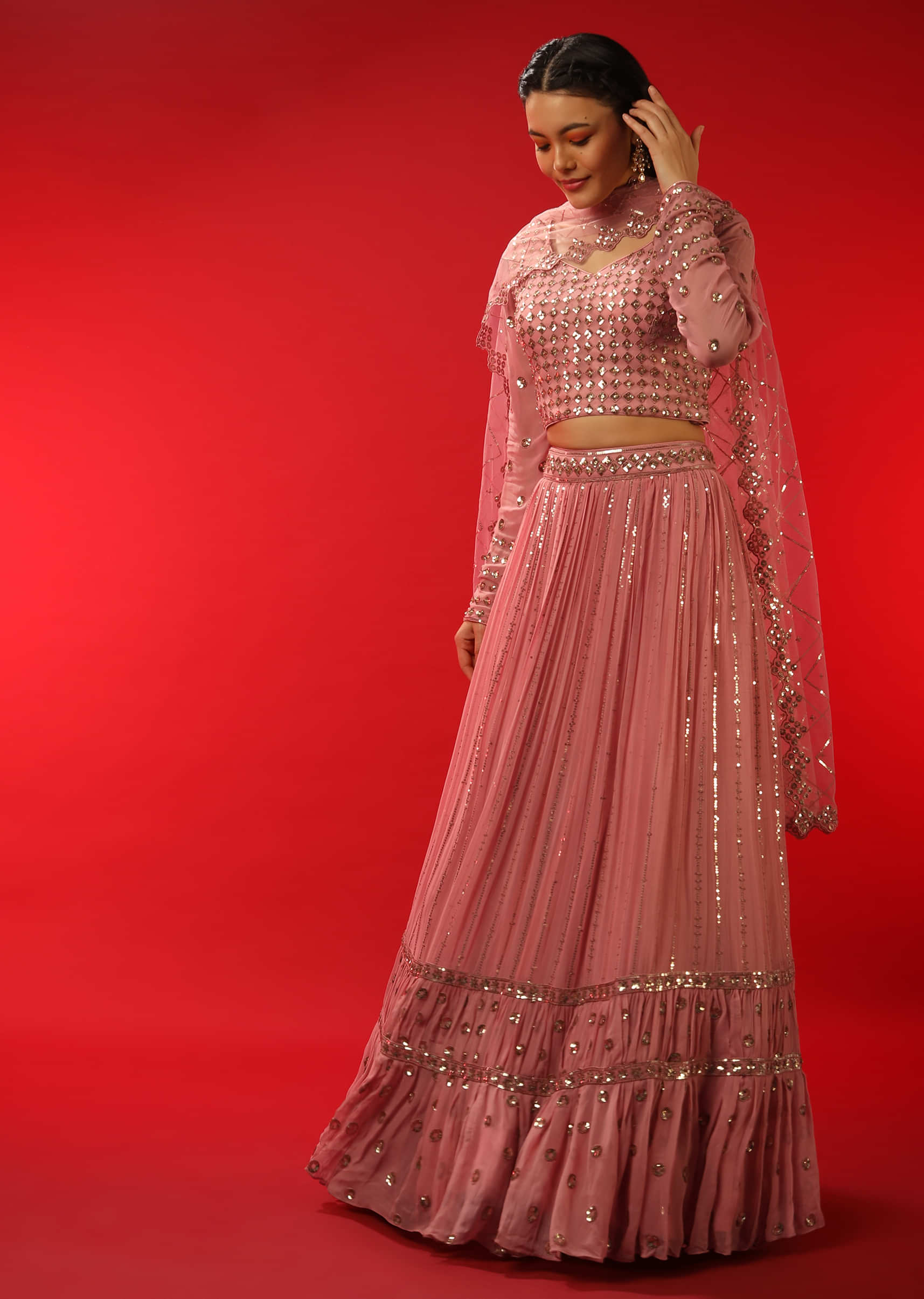 Rose Pink Lehenga Choli With Sequins Embroidered Geometric Motifs And Stripes 