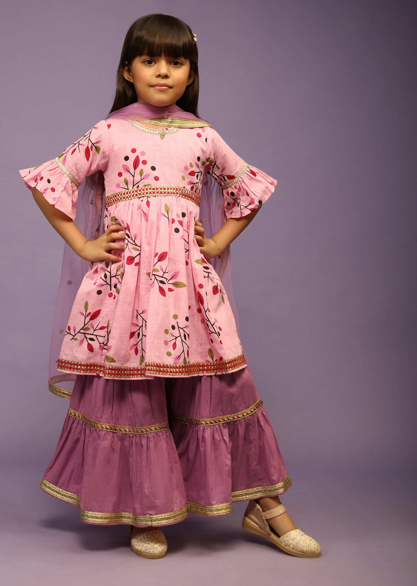 Kalki Girls Rose Pink Sharara And Peplum Suit In Cotton With Floral Print And Ruffle Sleeves  