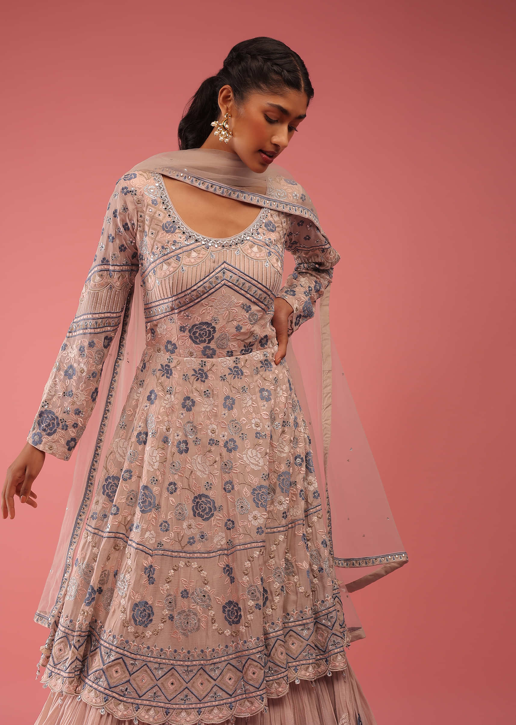 Rose Smoke Anarkali Suit In Multi-Color Resham Work Embroidery, It Is Crafted In Organza In 3/4Th Sleeves