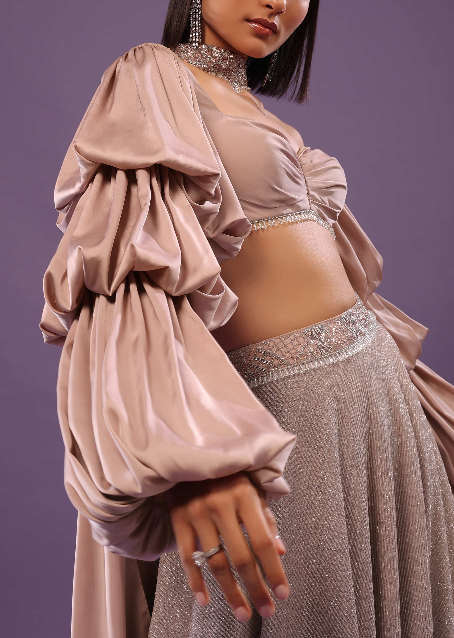 Dusty Pink Lehenga Set In Crush Sequins And Satin