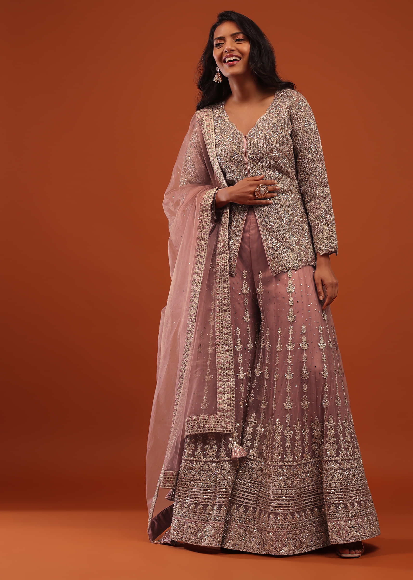 Rose Tan Pink Embroidered Sharara Suit In Net