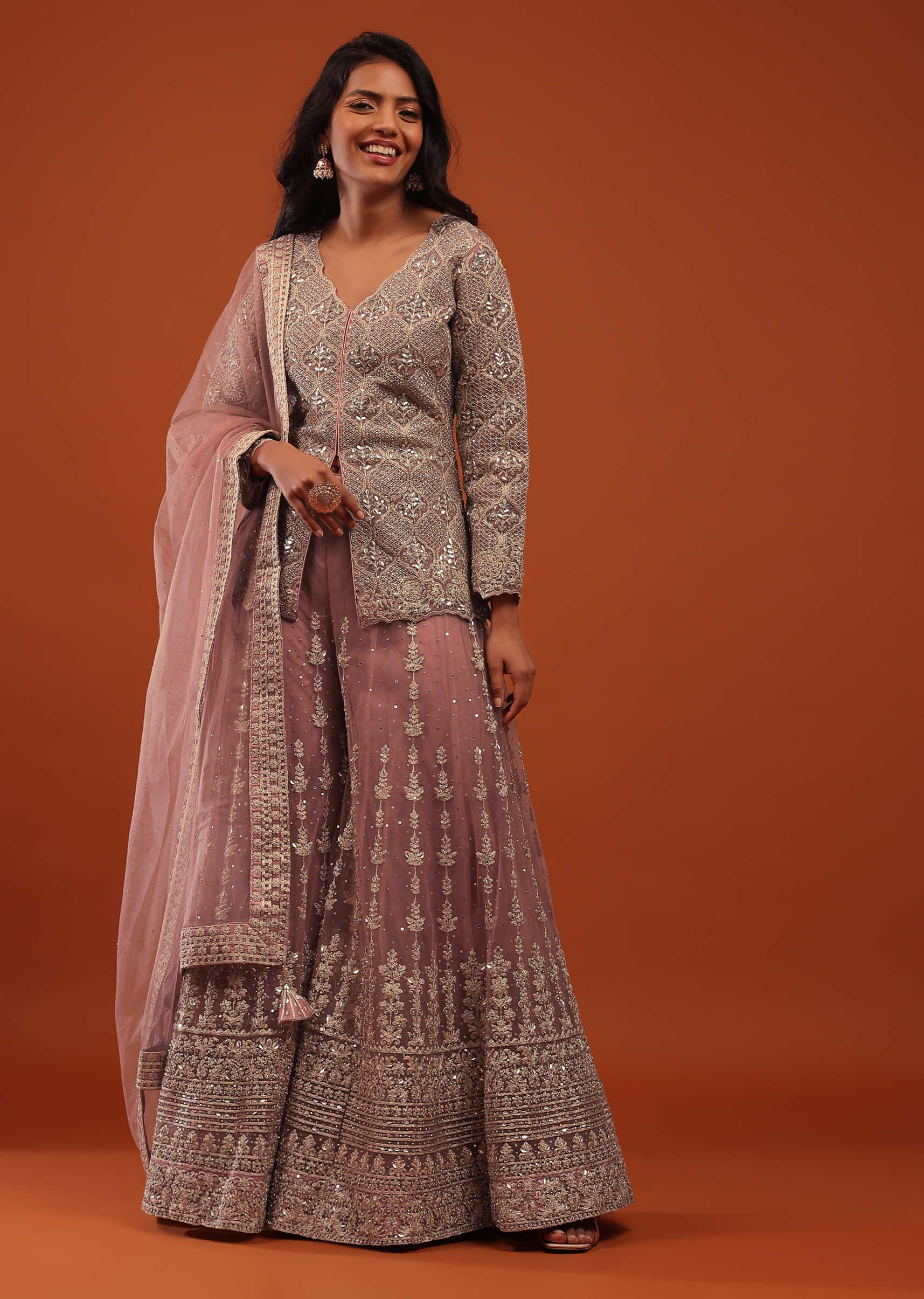 Rose Tan Pink Embroidered Sharara Suit In Net