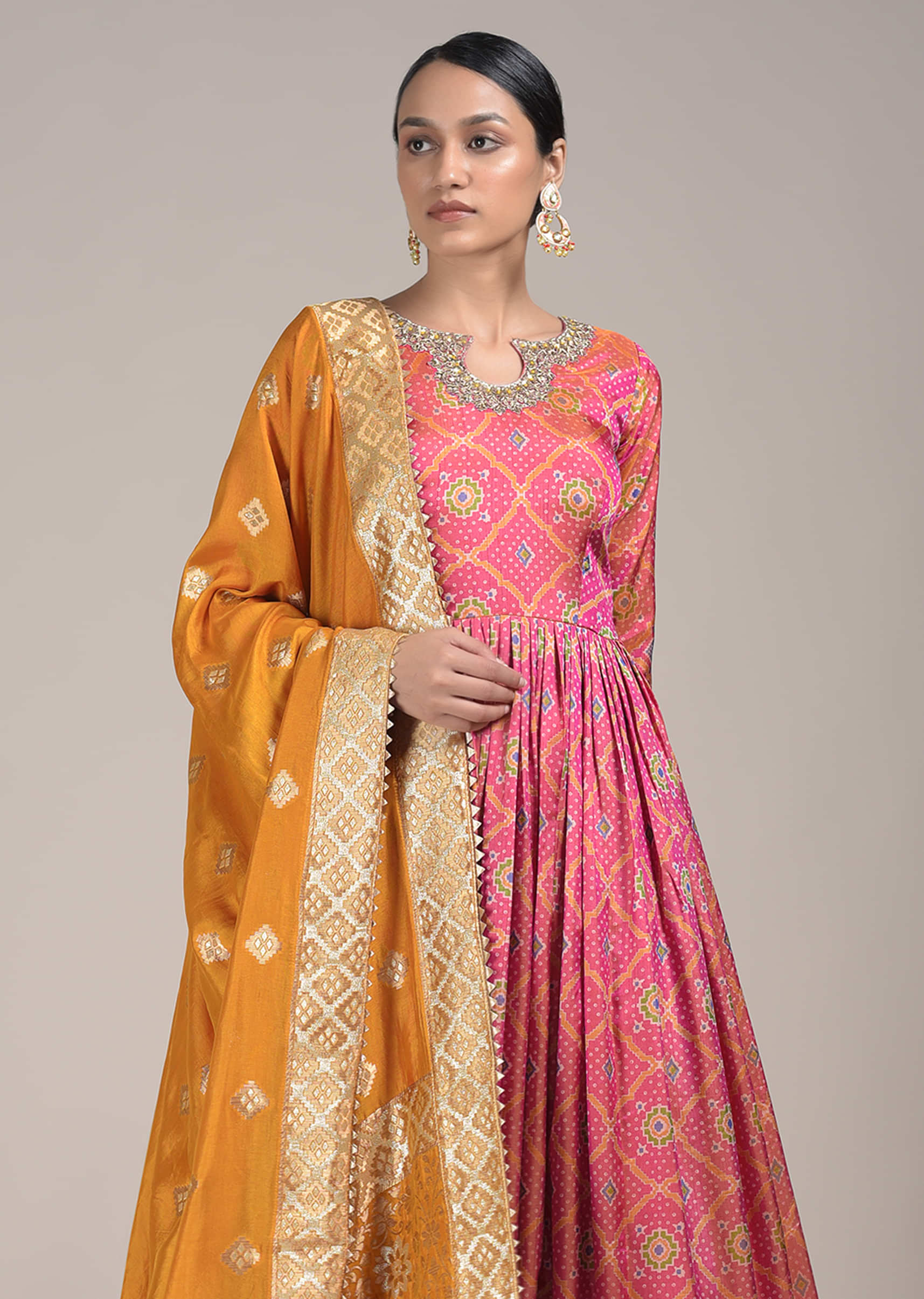Rouge Pink Anarkali Suit In Silk With Bandhani And Patola Print And Contrast Mustard Frill  