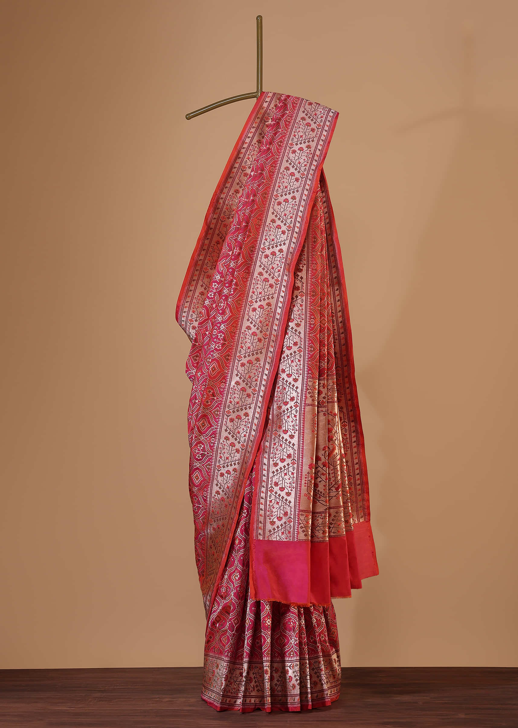 Rouge Pink Banarasi Patola Saree In Katan Silk With Ikat Weave And Unstitched Blouse