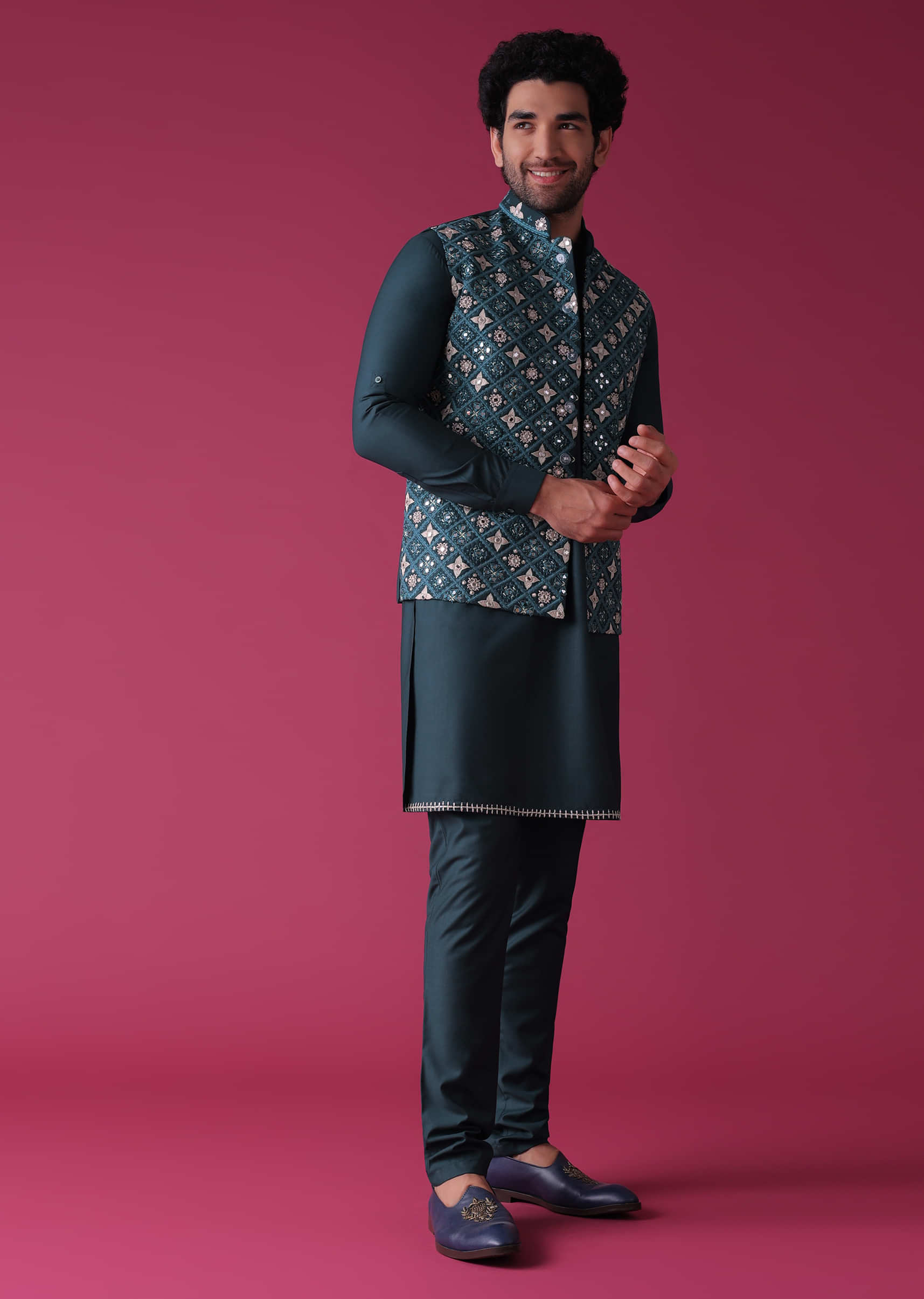 Royal Blue Jacket Kurta Set In Terry Rayon With Threadwork Pattern