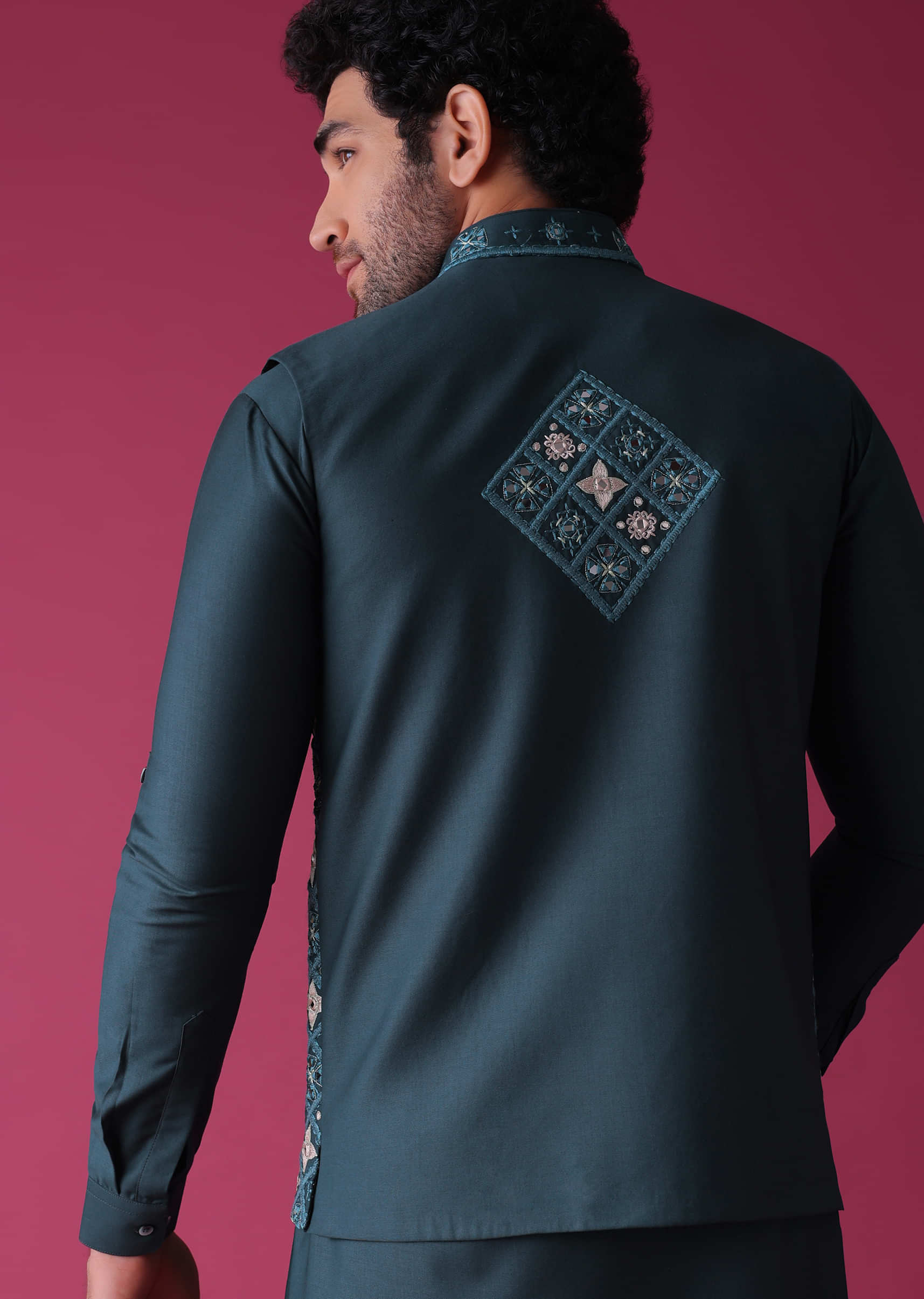 Royal Blue Jacket Kurta Set In Terry Rayon With Threadwork Pattern