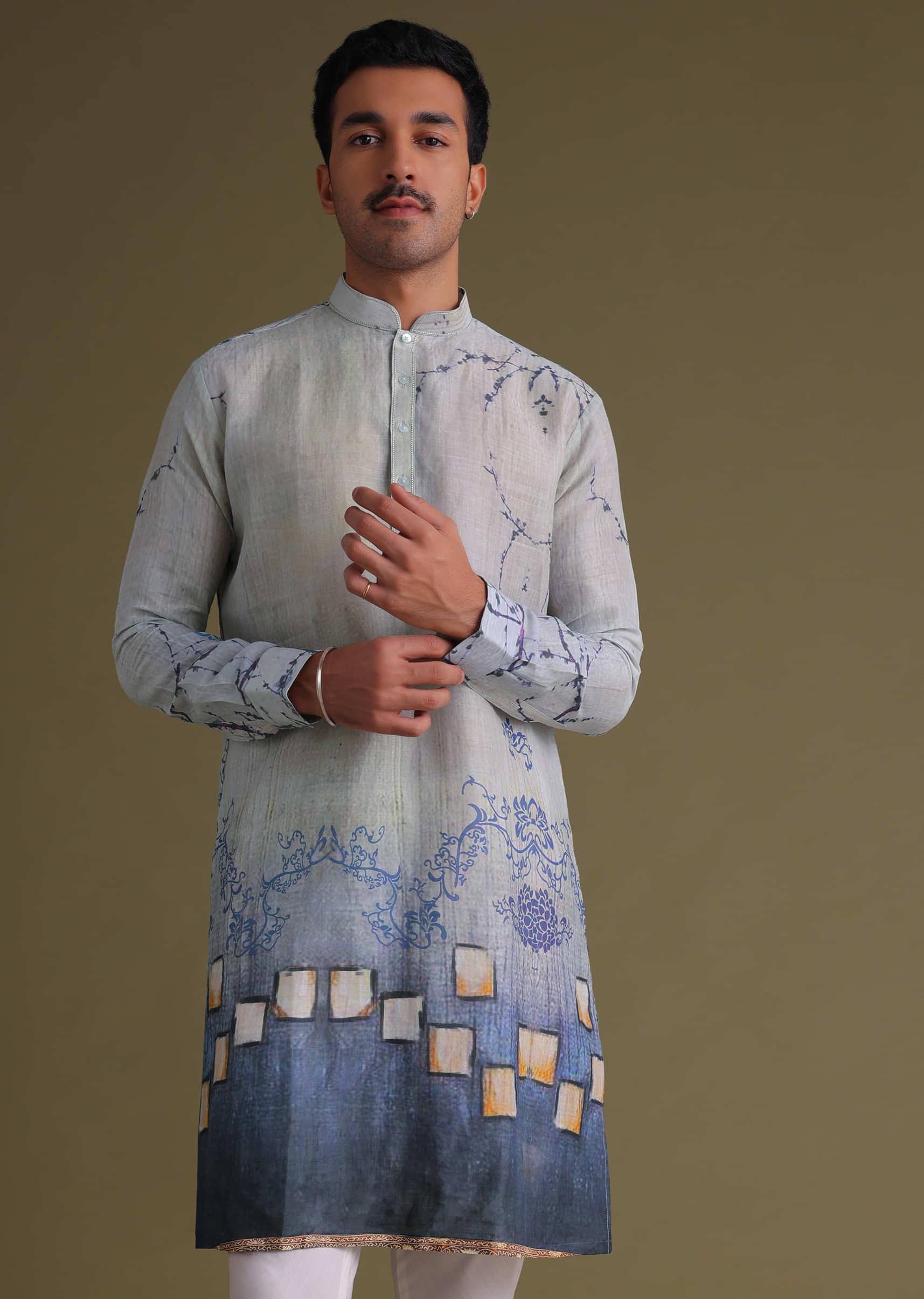 Royal Blue Printed Casual Kurta Set In Cotton Silk
