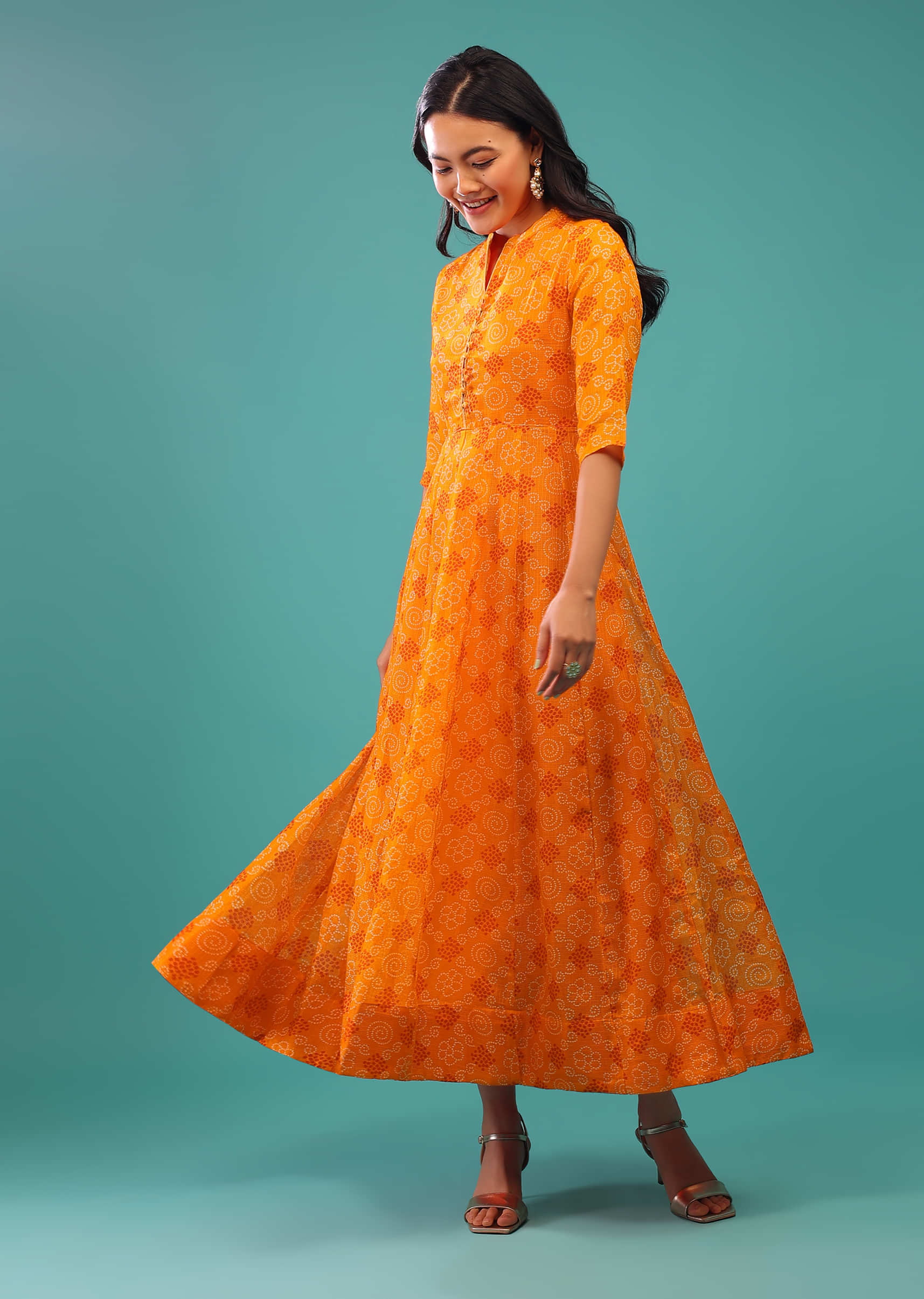 Russet Orange Indo-Western Dress With Bandhani Print In Kota Silk