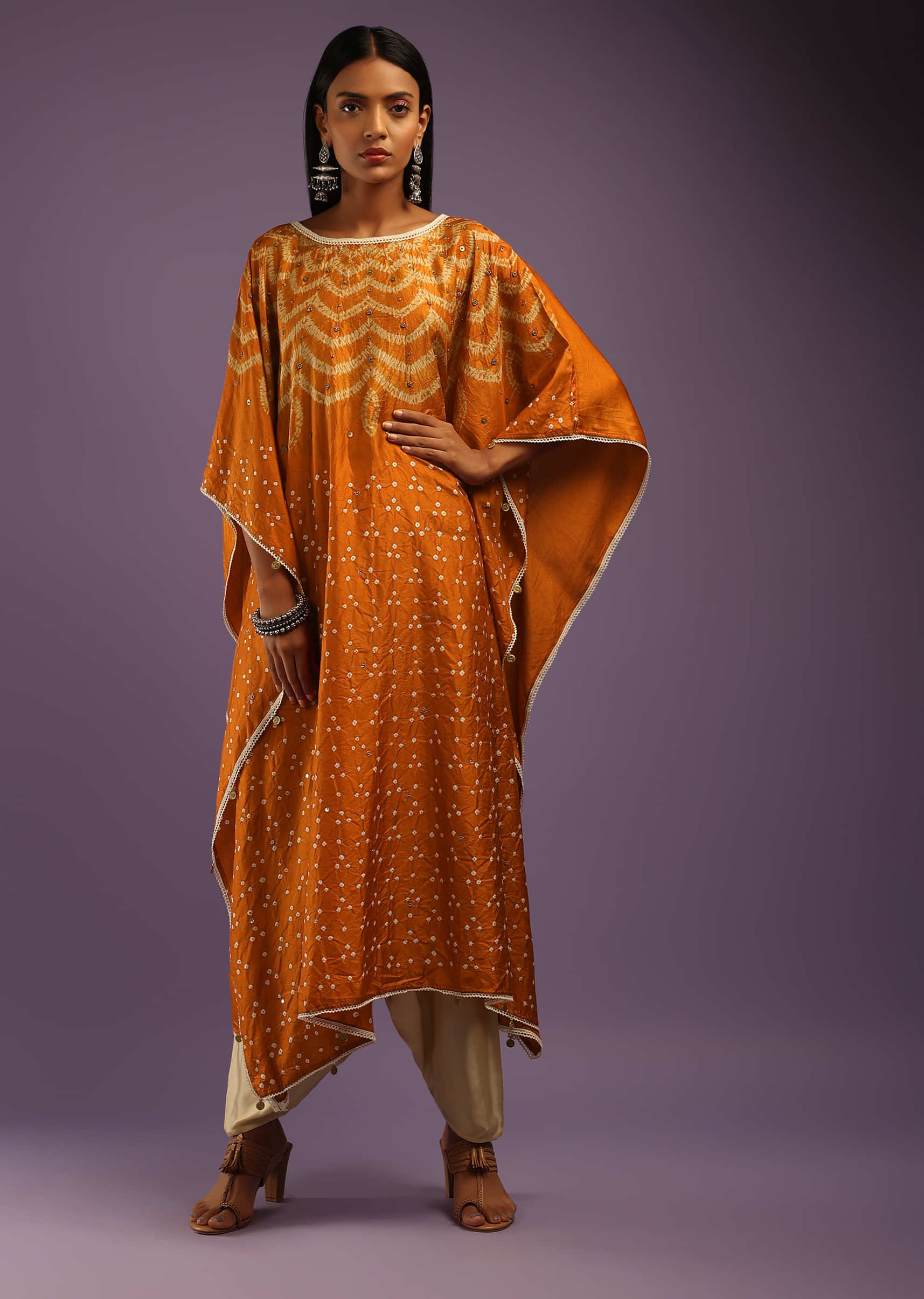 Rust Kaftan Suit In Crepe With Real Bandhani And Tie Dye Design  