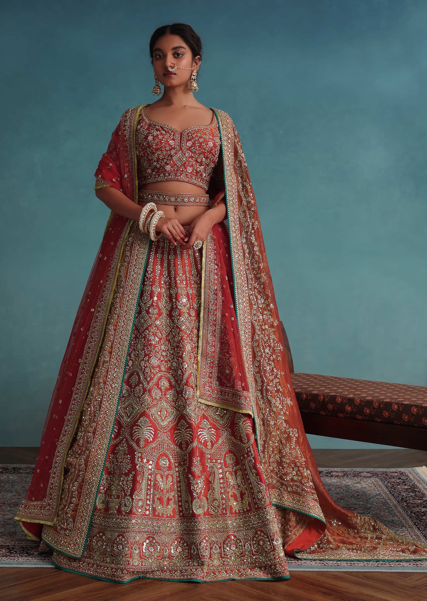 Rust Orange Embroidered 14 Kali Bridal Lehenga With Embroidered Belt In Raw Silk