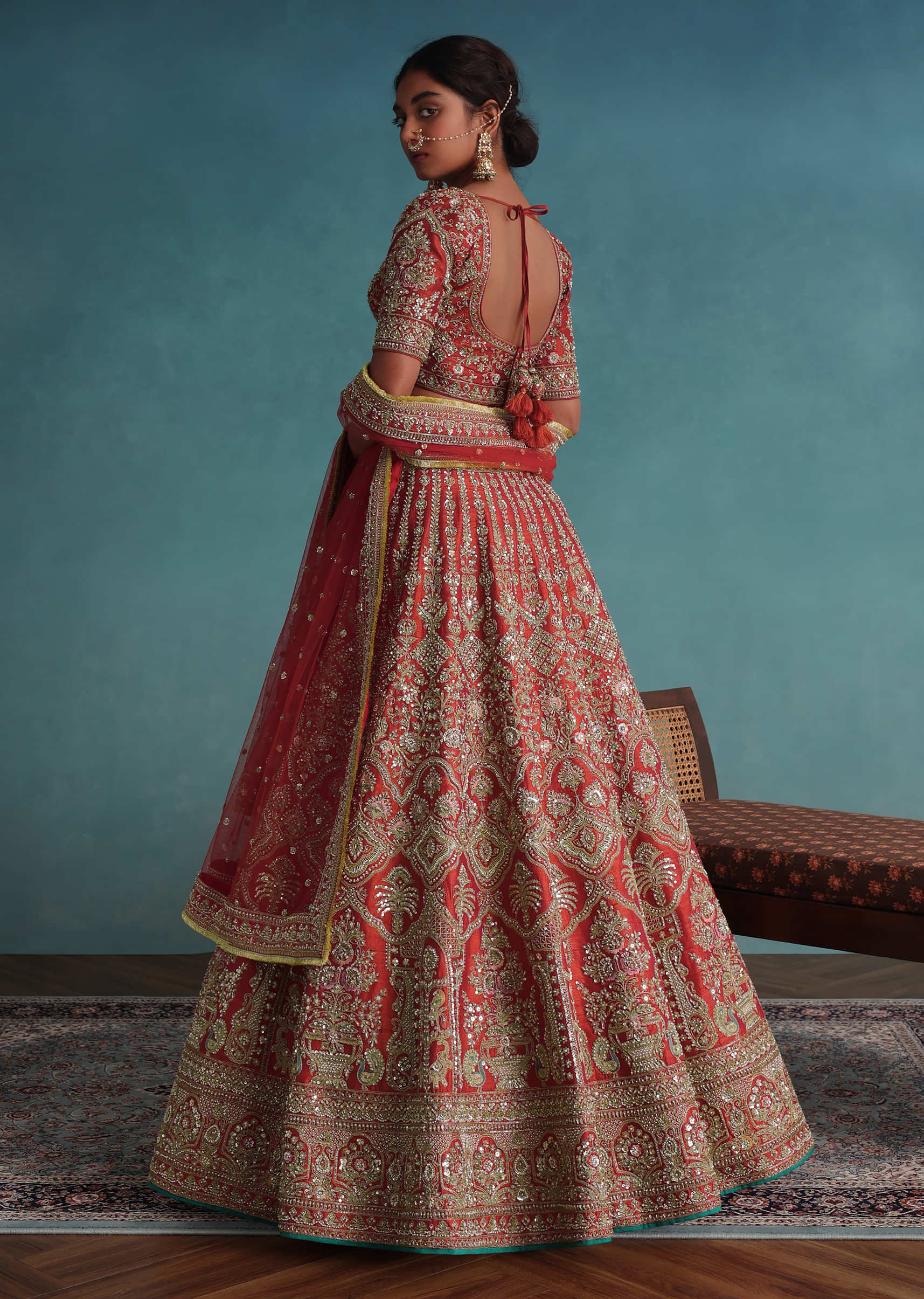 Rust Orange Embroidered 14 Kali Bridal Lehenga With Embroidered Belt In Raw Silk