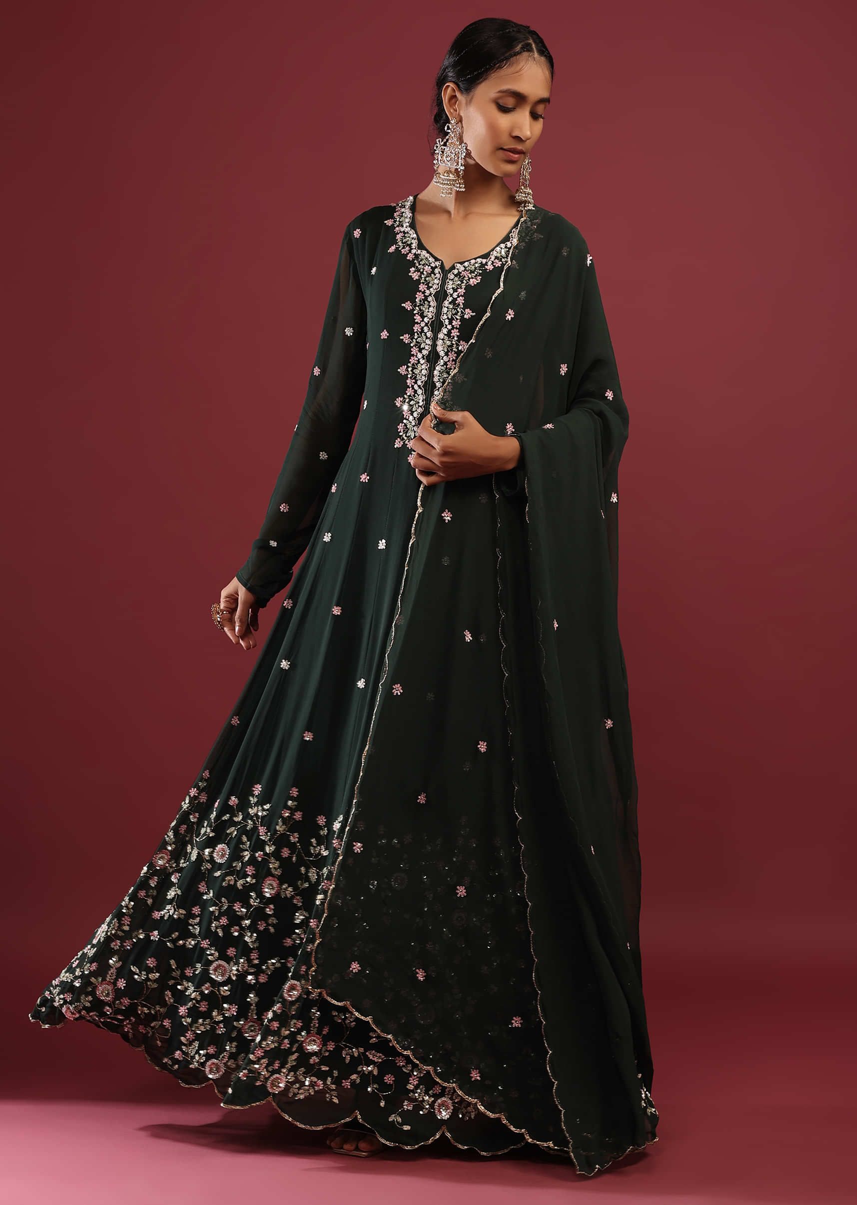 Peacock Green Anarkali Suit In Georgette With Multicolored Sequin Embroidered Floral Design