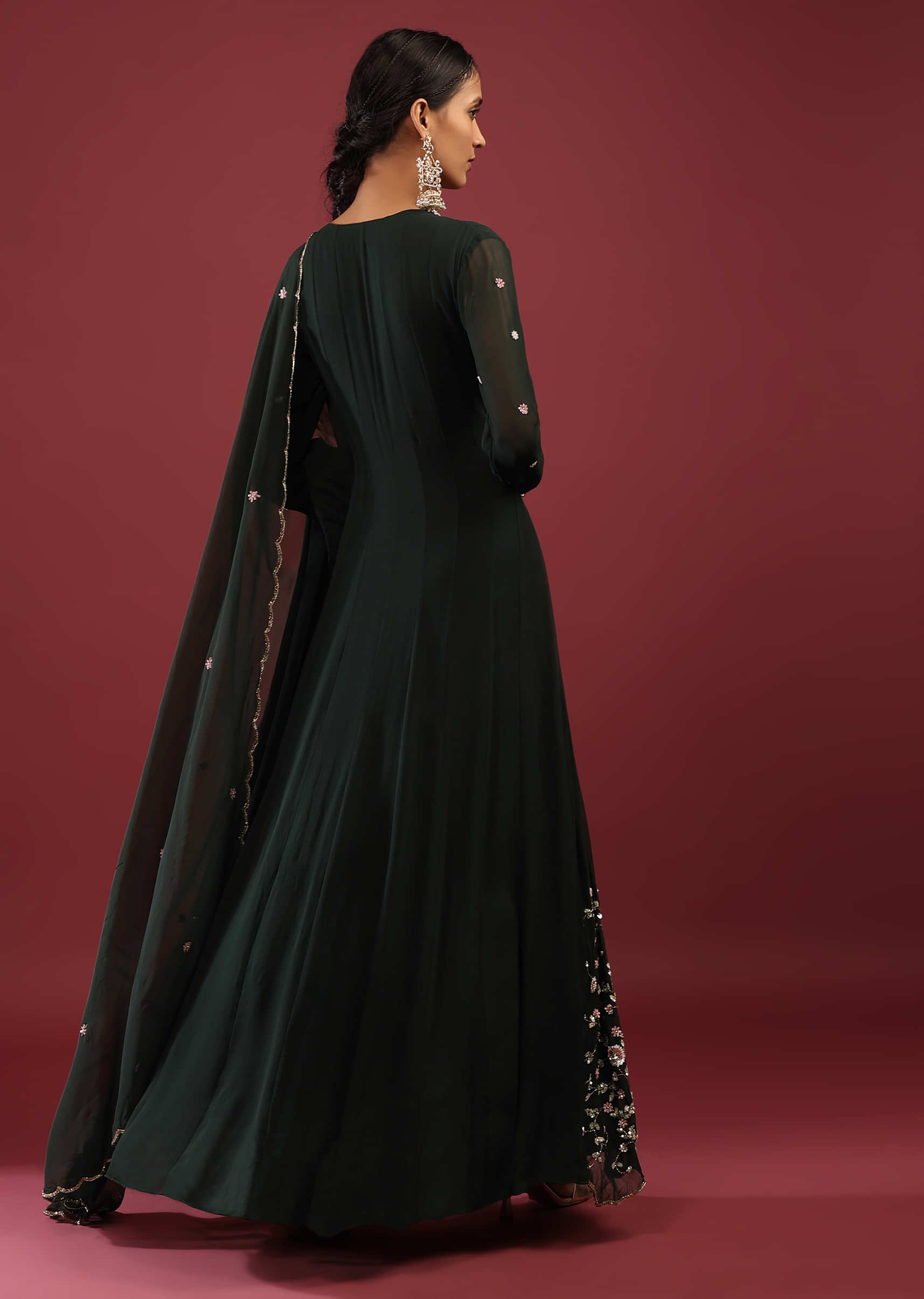 Peacock Green Anarkali Suit In Georgette With Multicolored Sequin Embroidered Floral Design