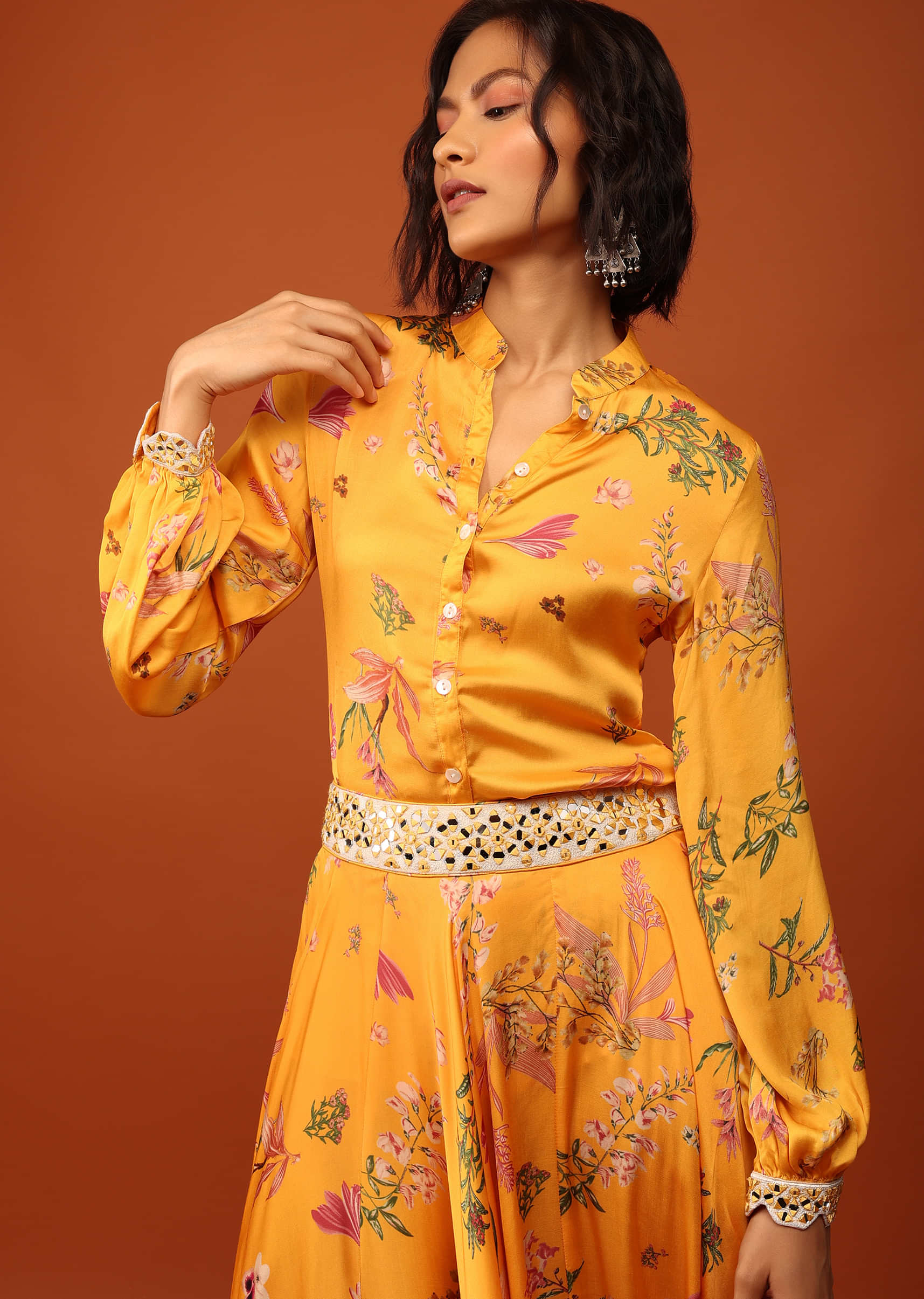 Amber Yellow Floral Print Shirt Top & Lehenga With Mirror Embroidery