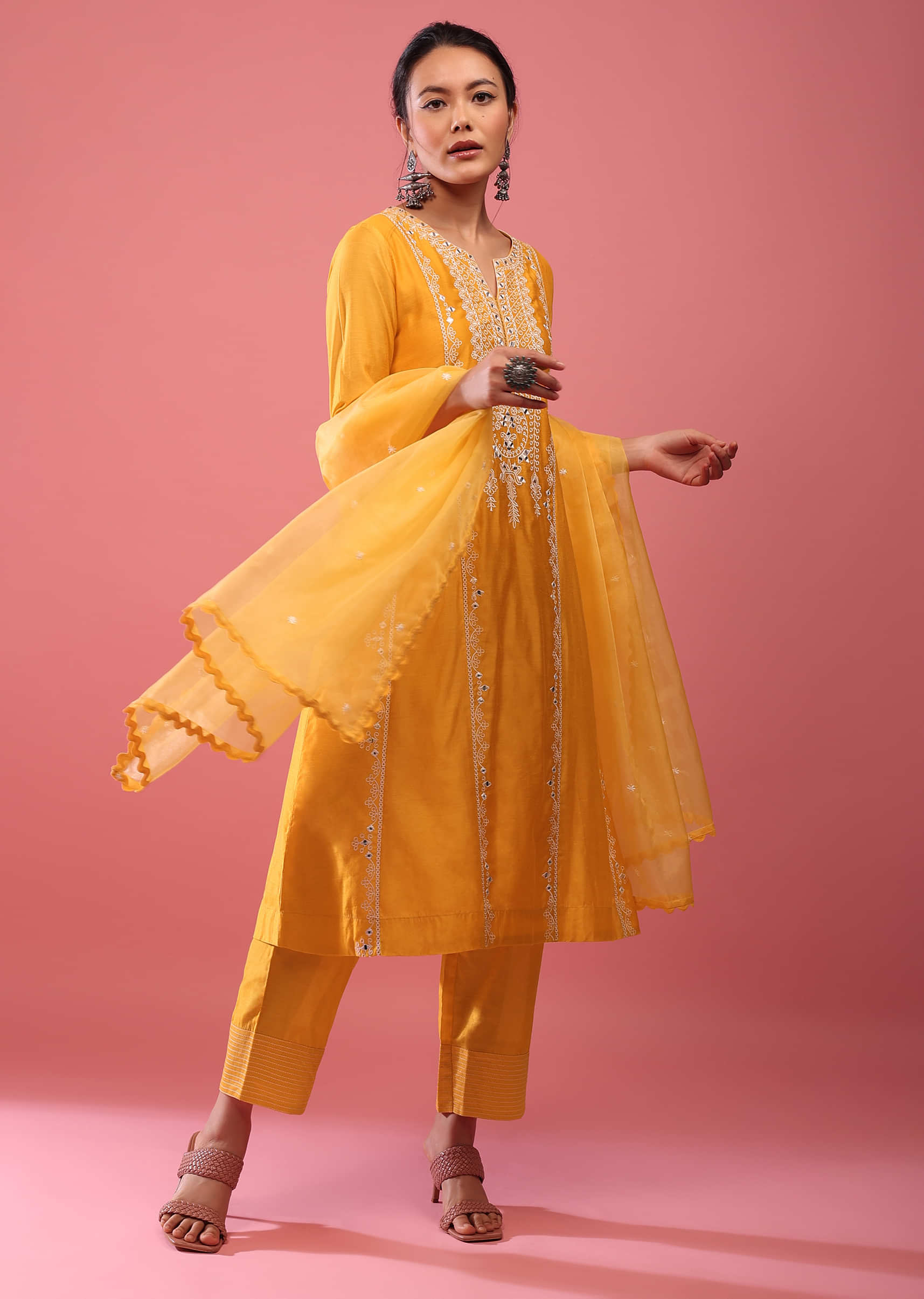 Chrome Yellow Pant Suit Set In Lucknowi Abla Embroidery With Mirror And Organza Dupatta