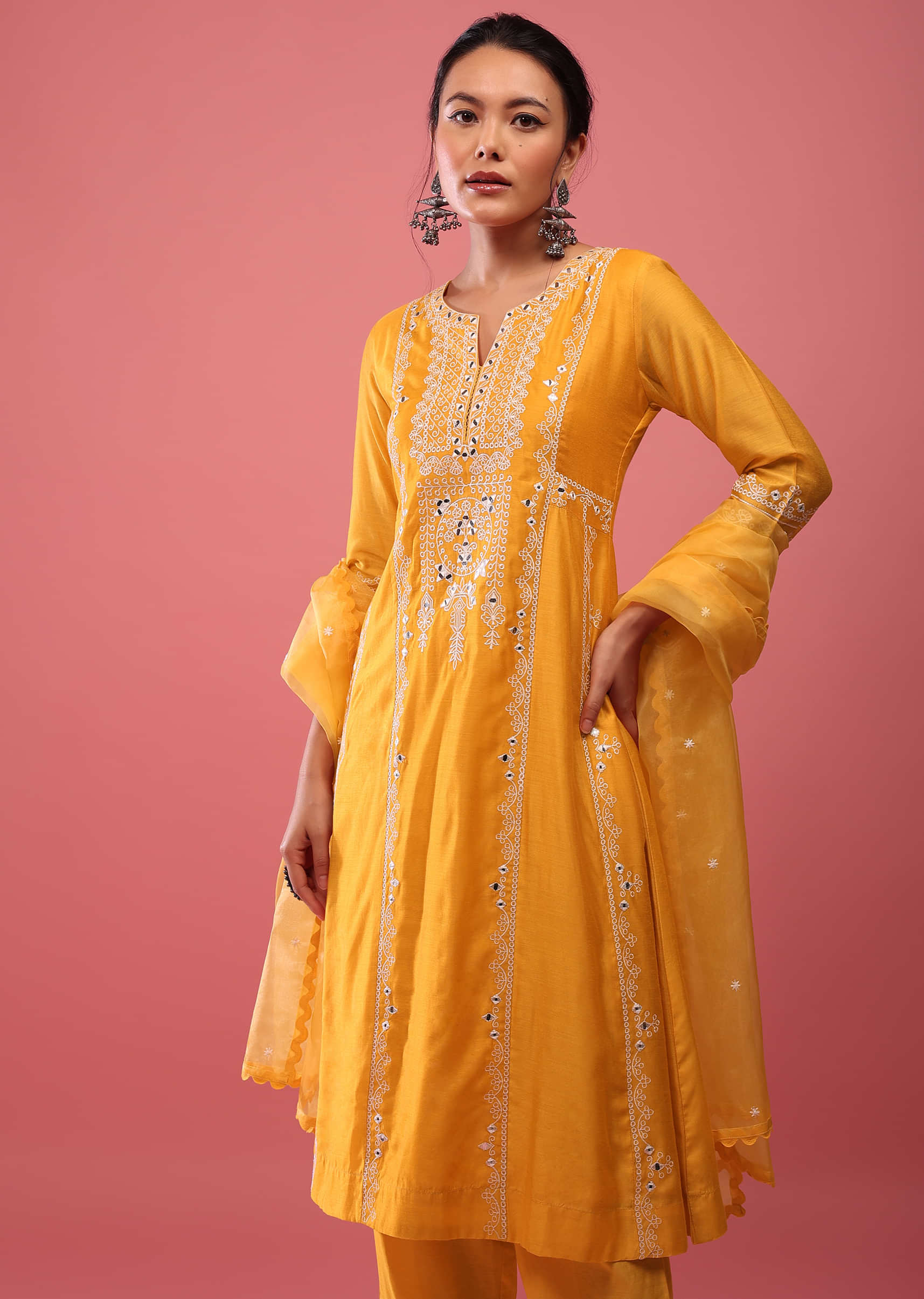 Chrome Yellow Pant Suit Set In Lucknowi Abla Embroidery With Mirror And Organza Dupatta