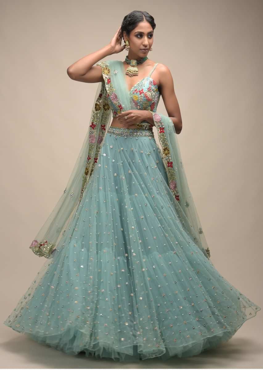 Sage Green Lehenga In Net With Flower Sequin Buttis And Resham Embroidered Crop Top 