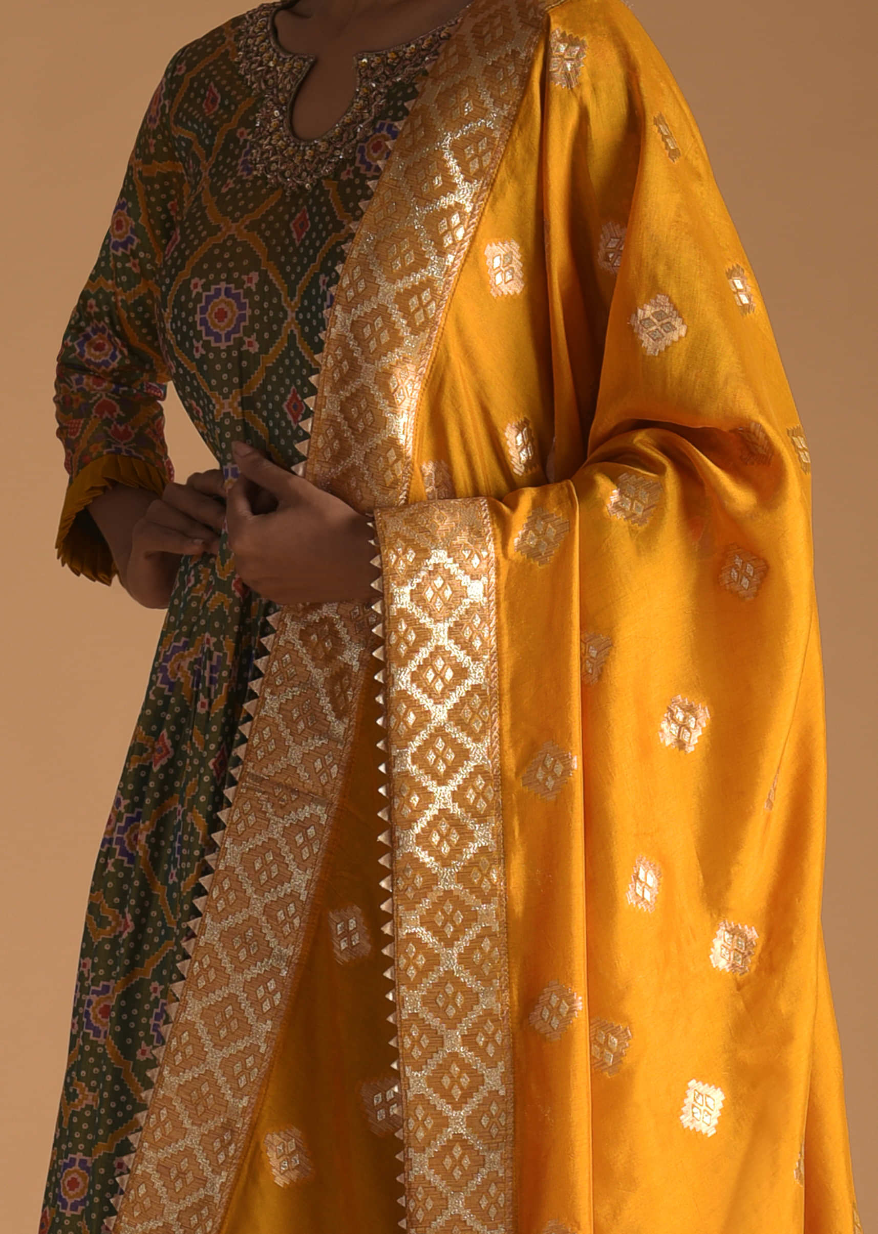 Pista Green Anarkali Suit In Cotton Silk With Patola And Bandhani Printed Jaal And Mustard Banarasi Dupatta