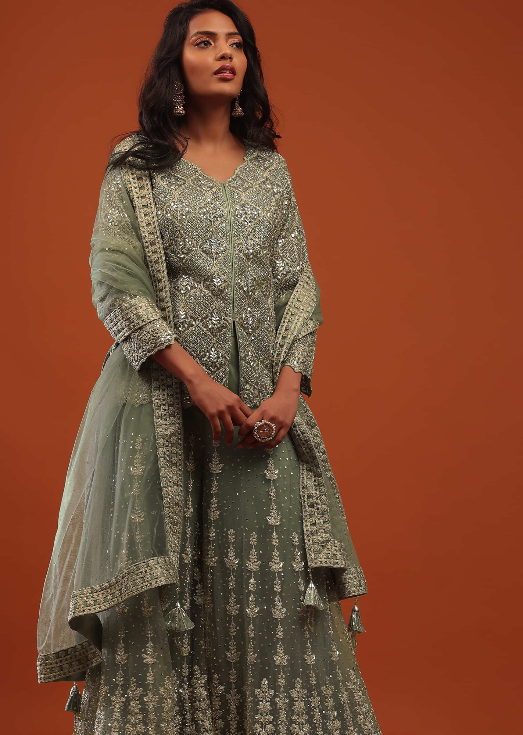 Sage Green Embroidered Sharara Suit In Net