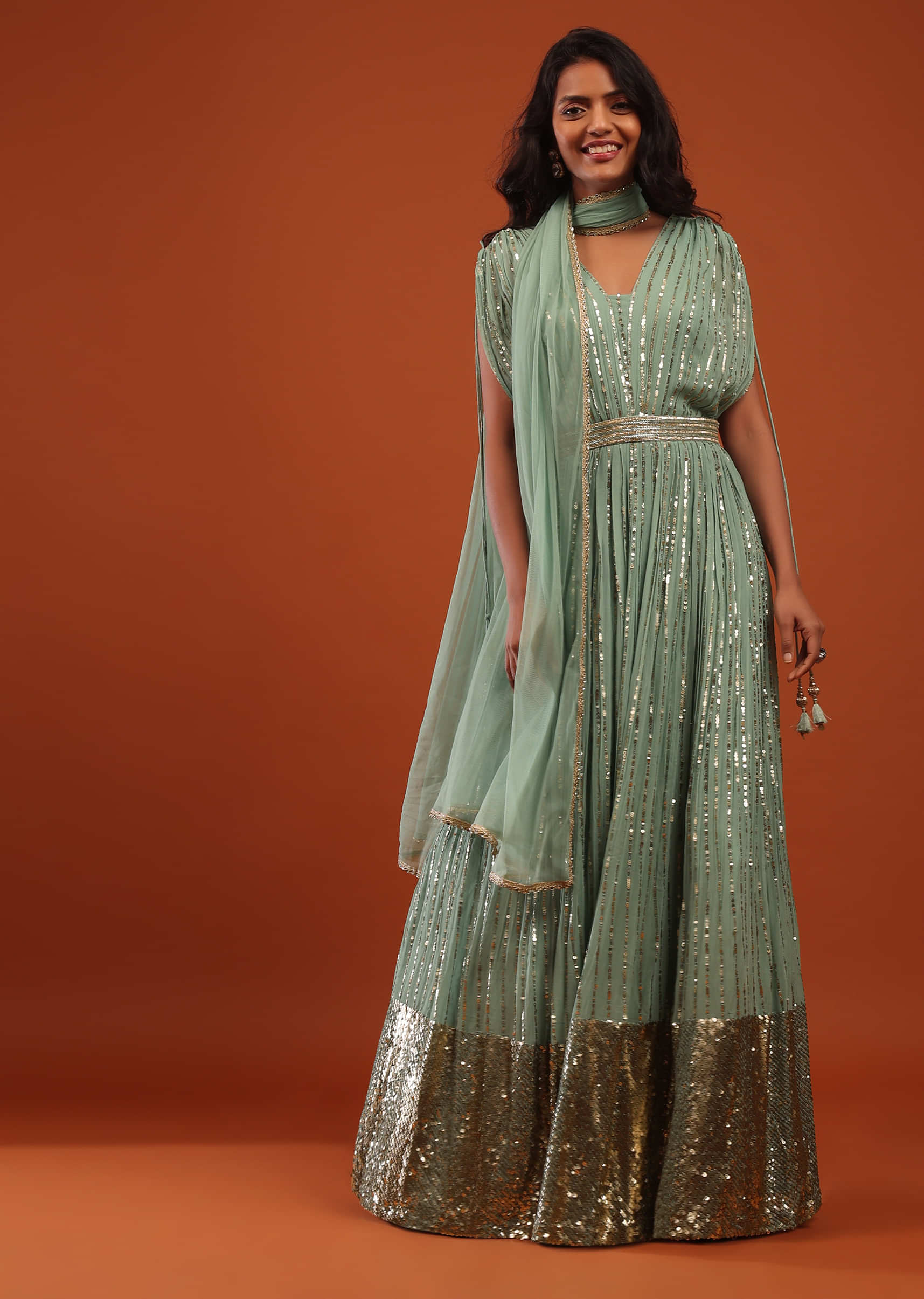 Sage Green Georgette Anarkali Suit In Sequins And Sali Work