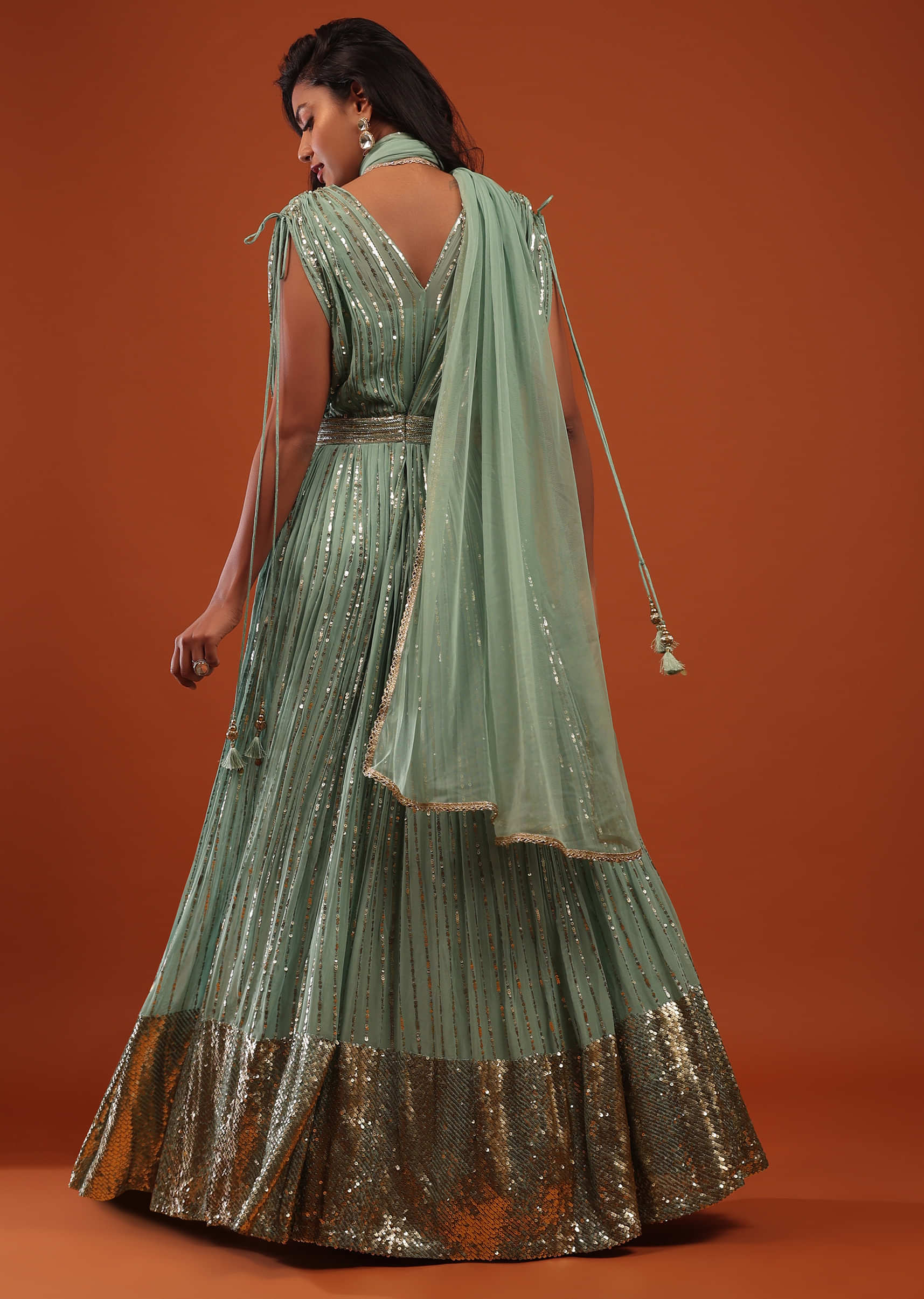 Sage Green Georgette Anarkali Suit In Sequins And Sali Work