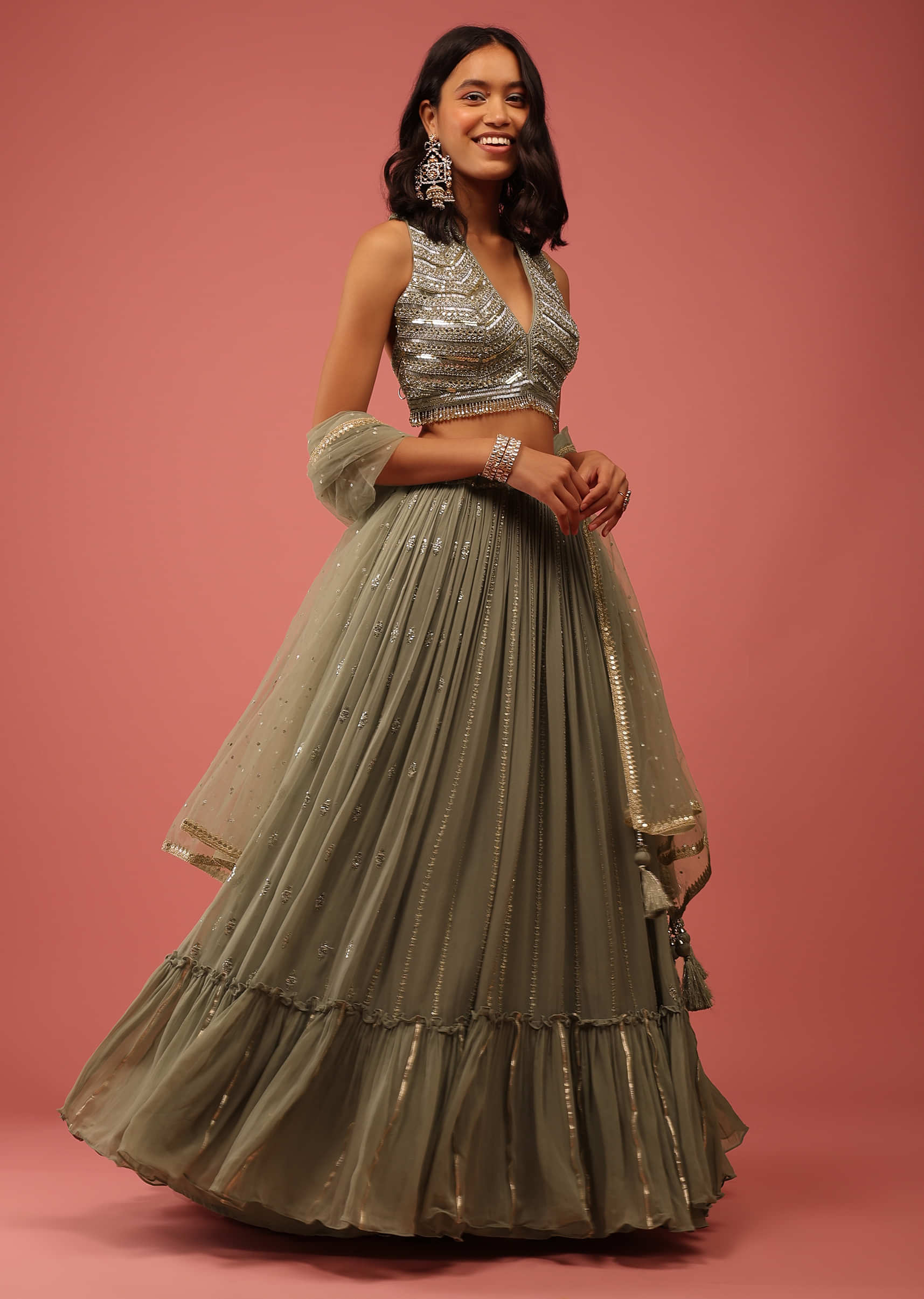 Moss Green Lehenga Embellished In Sequins With Mirror And Cut Dana Embroidered Halter Neck Crop Top