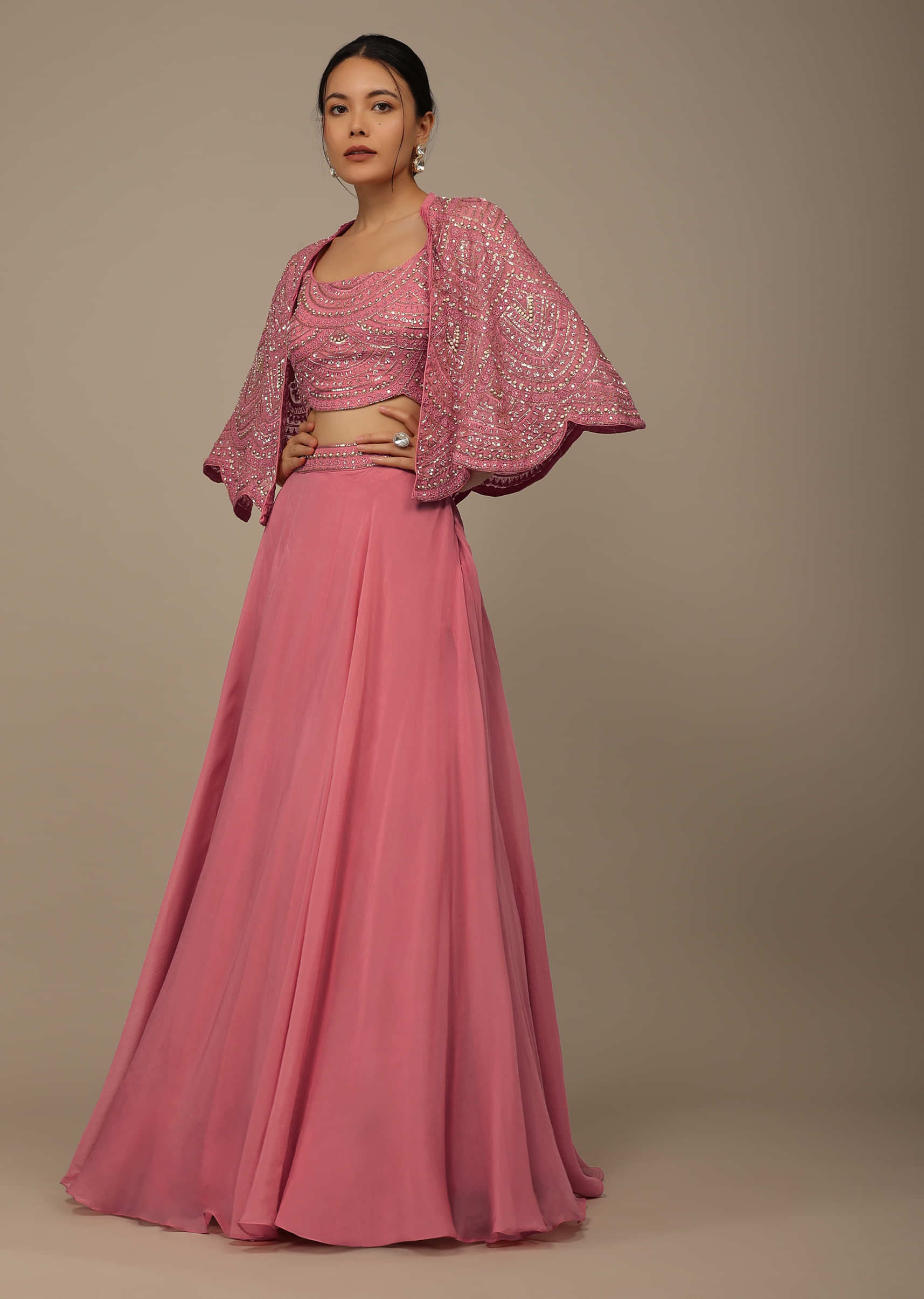 Salmon Pink Festive Embroidered Lehenga Set With Cape In Organza