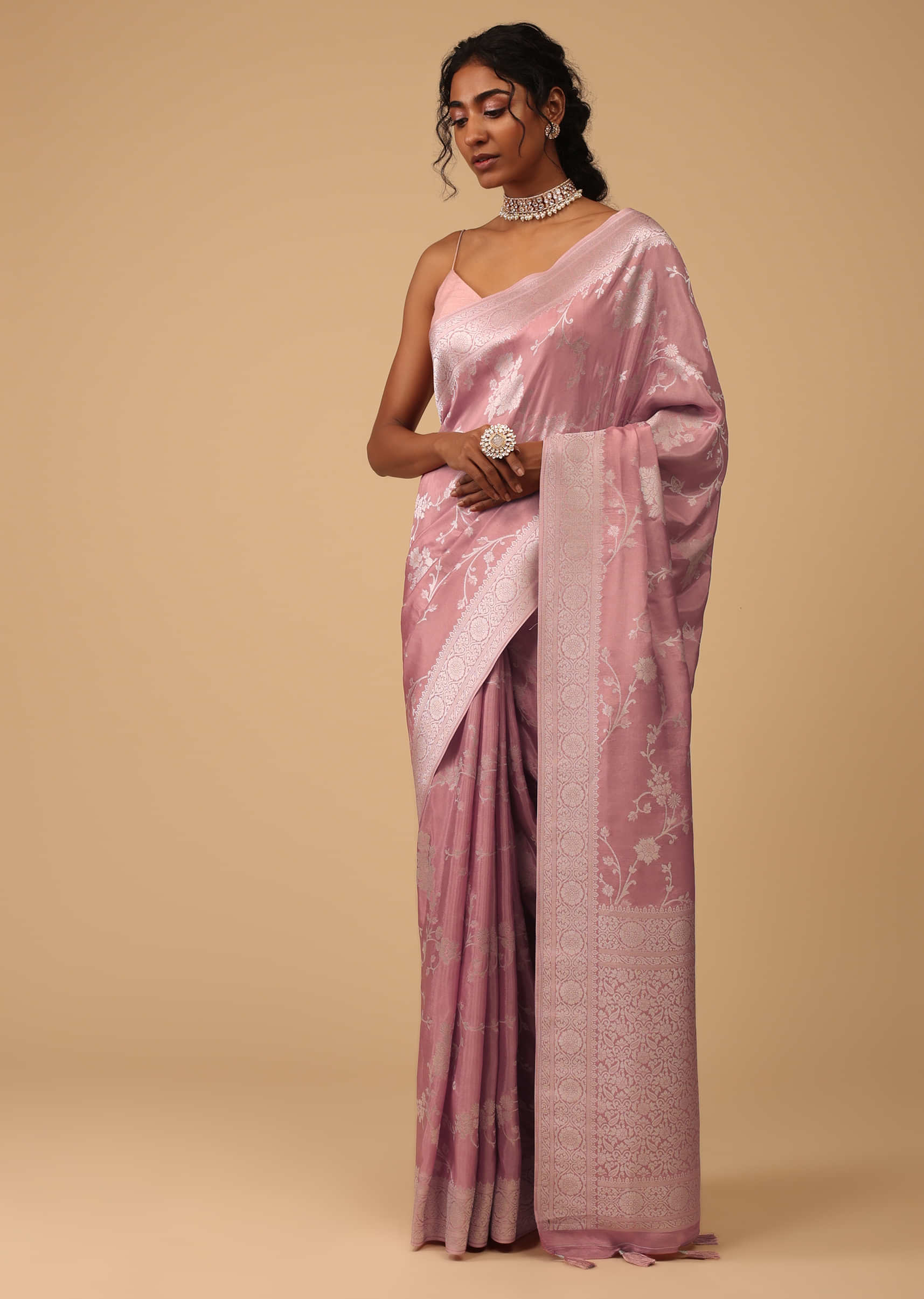 Salmon Pink Saree In Dola Silk With Silver Zari Floral Jaal