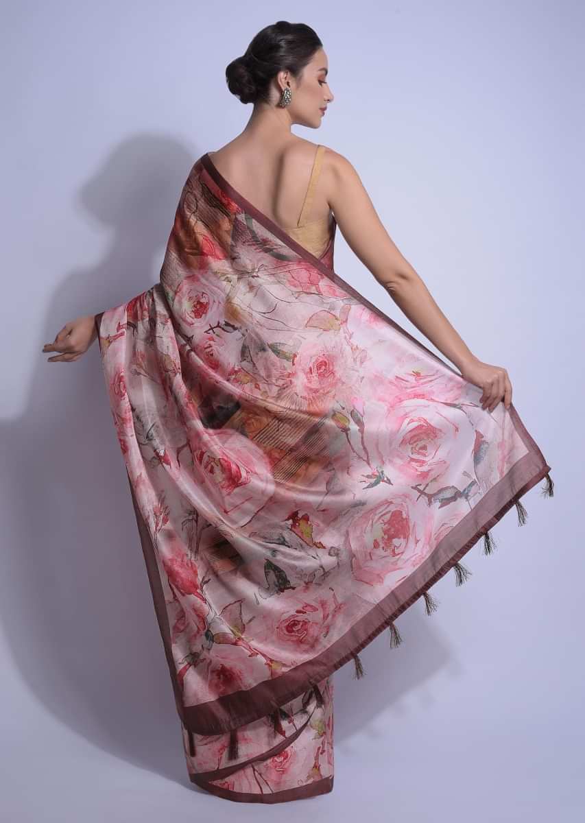Sand Beige Saree In Silk With Multi Colored Print In Floral And Geometric Motifs
