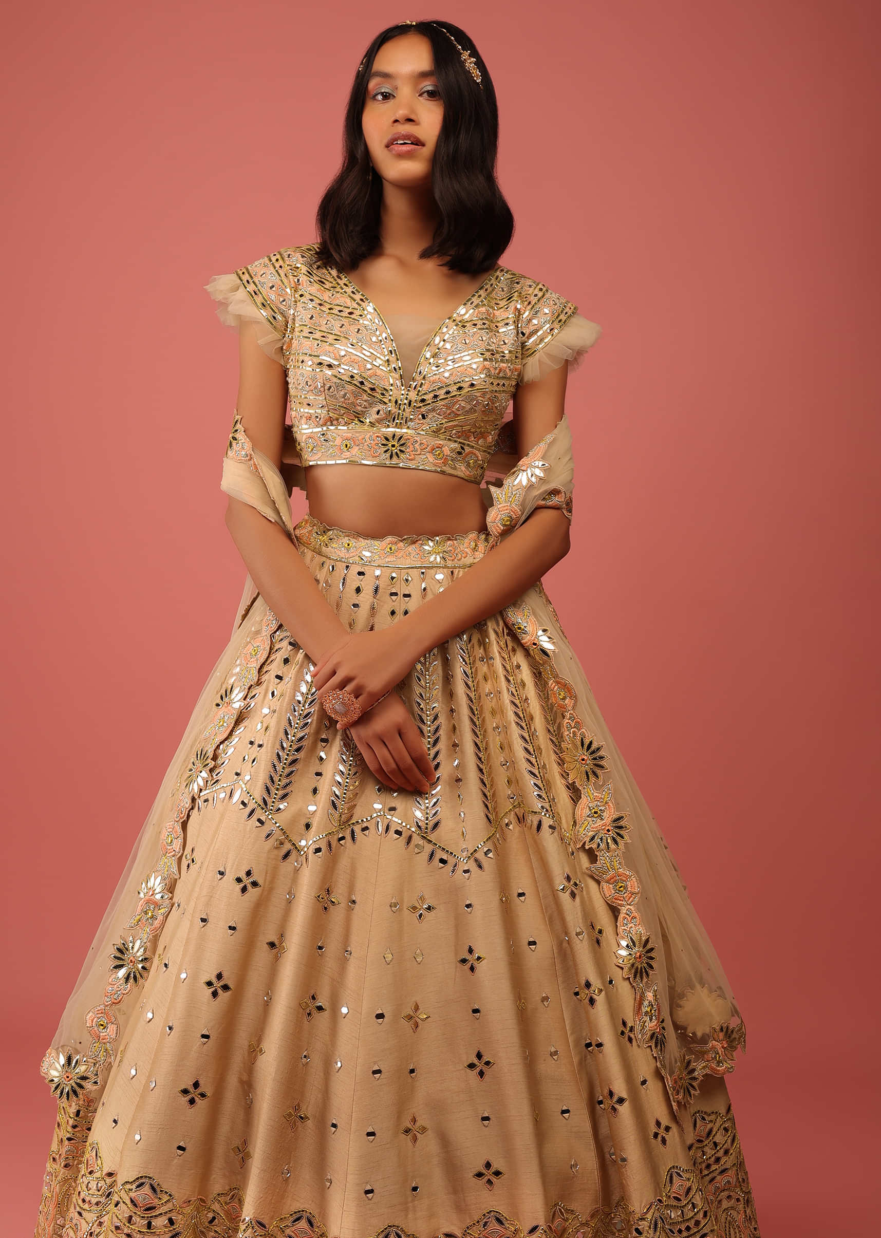 Beige White Lehenga Choli In Raw Silk With Foil Applique And Ruffle Sleeves