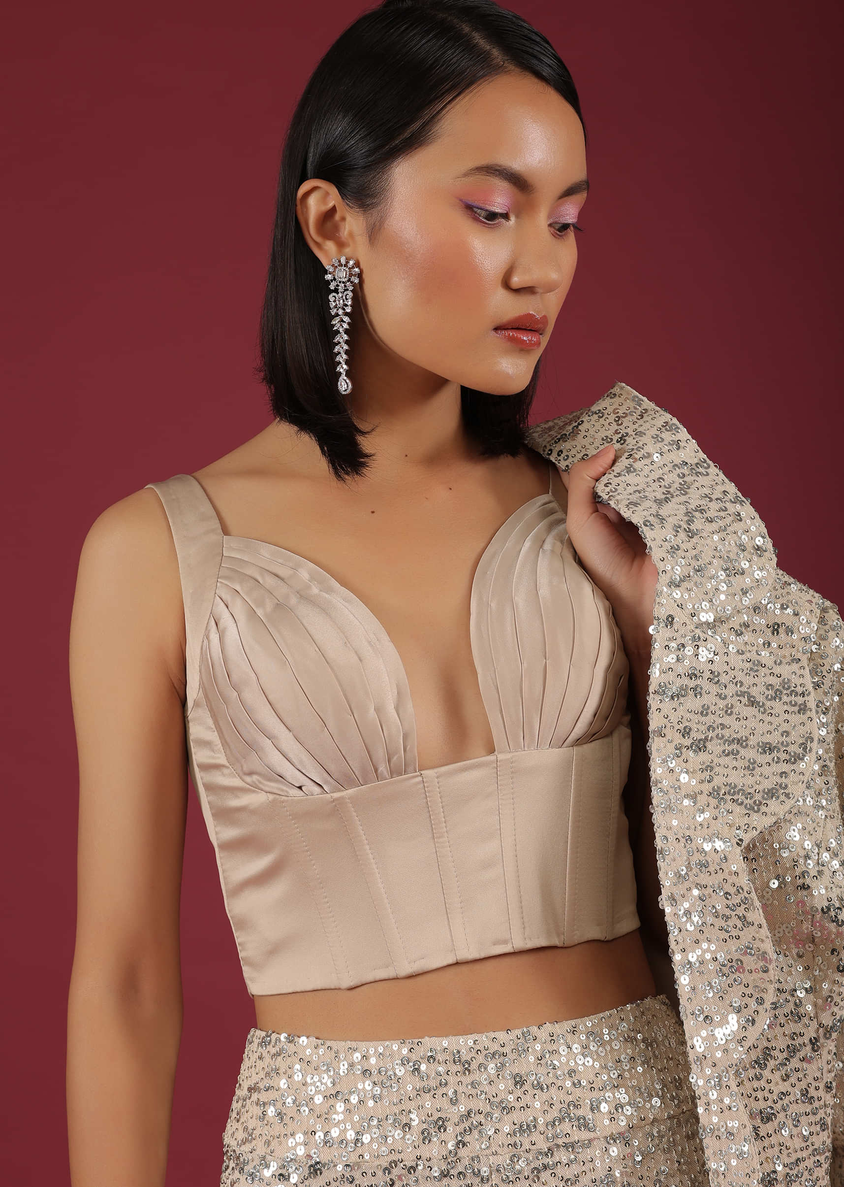 Sandshell Cream Blazer Jacket And Cigarette Pant Set In Sequins Embroidery With A Satin Corset Top