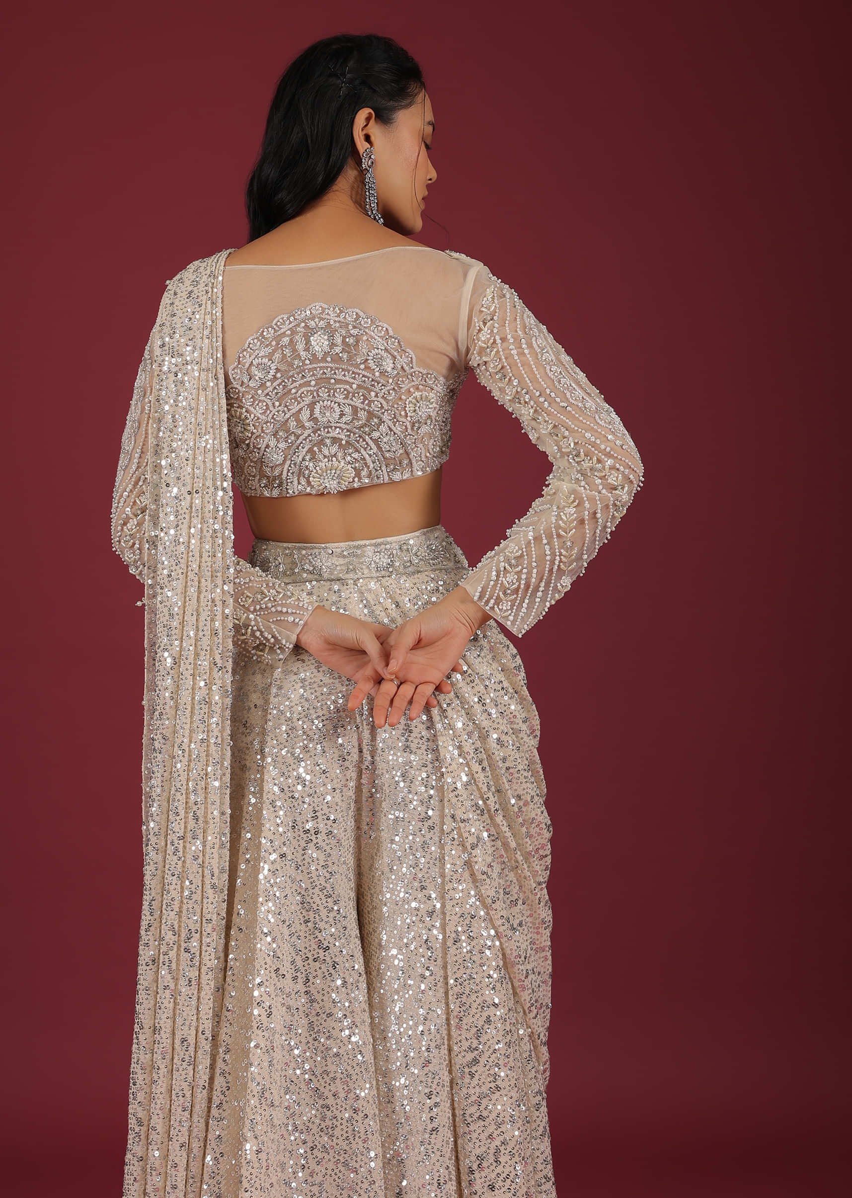Sandshell Cream Palazzo Saree In Sequins Embroidery