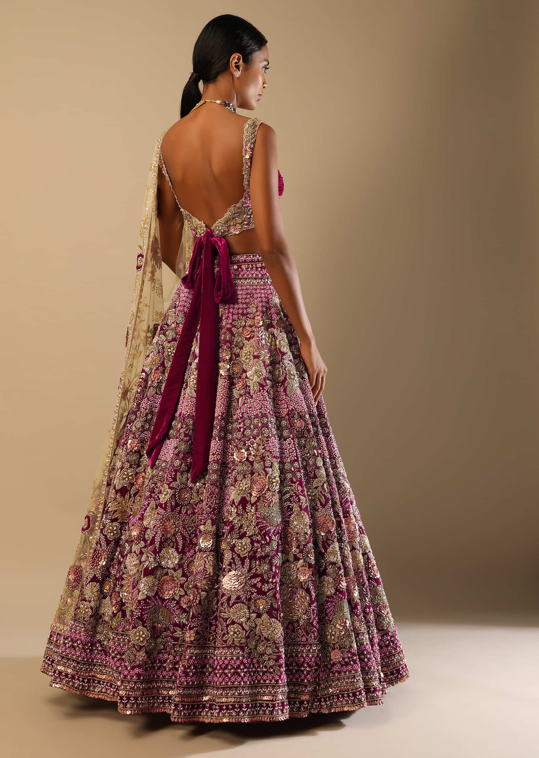 Sangria Lehenga In Velvet With Ruched Choli And Multi Colored Hand Embroidered Heritage Floral Motifs 
