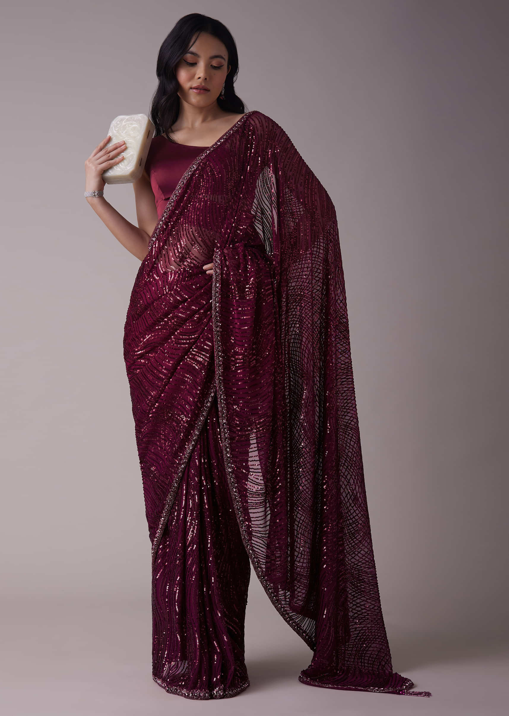 Mulberry Purple Sequins Saree With An Embellished Border