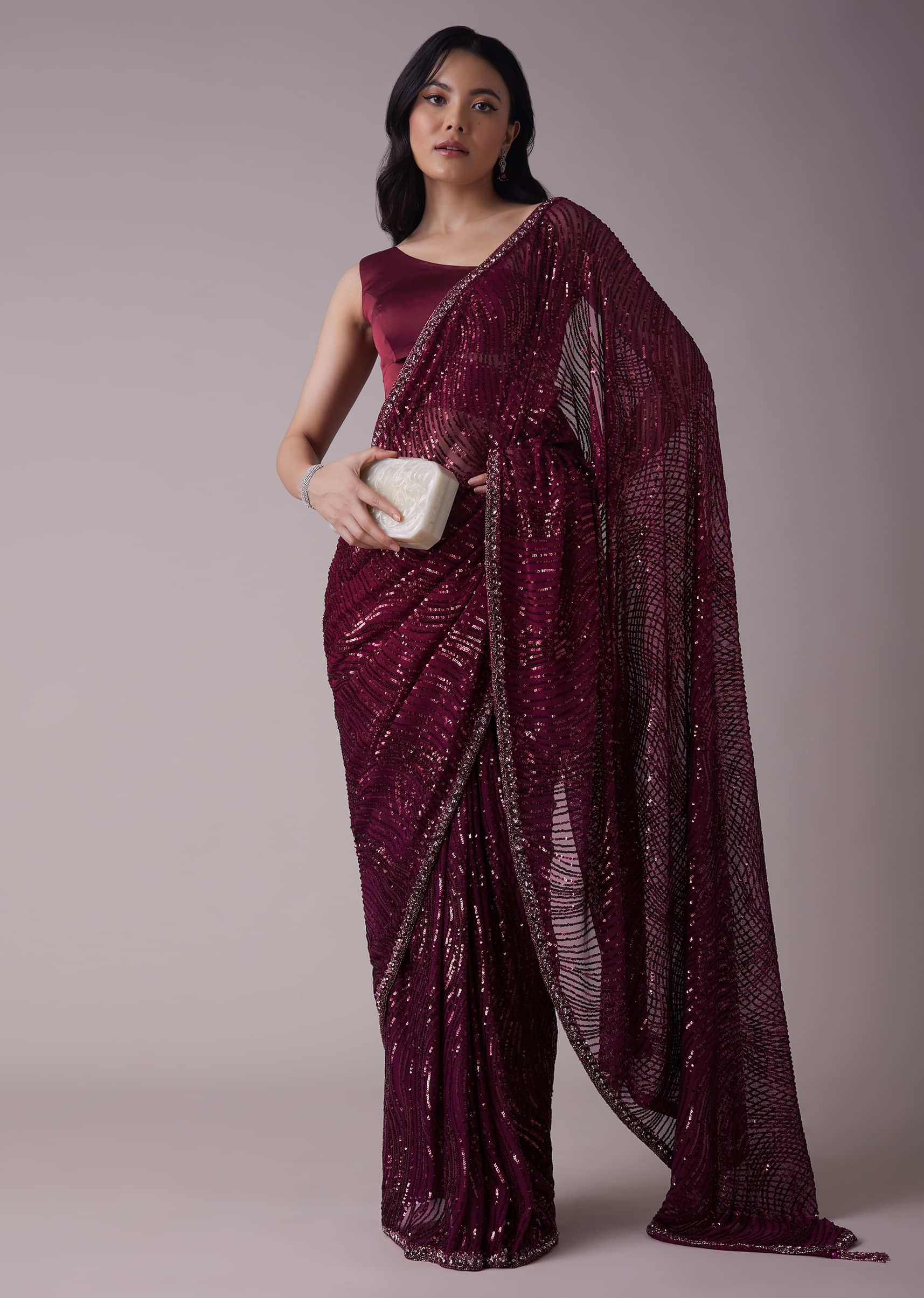 Mulberry Purple Sequins Saree With An Embellished Border
