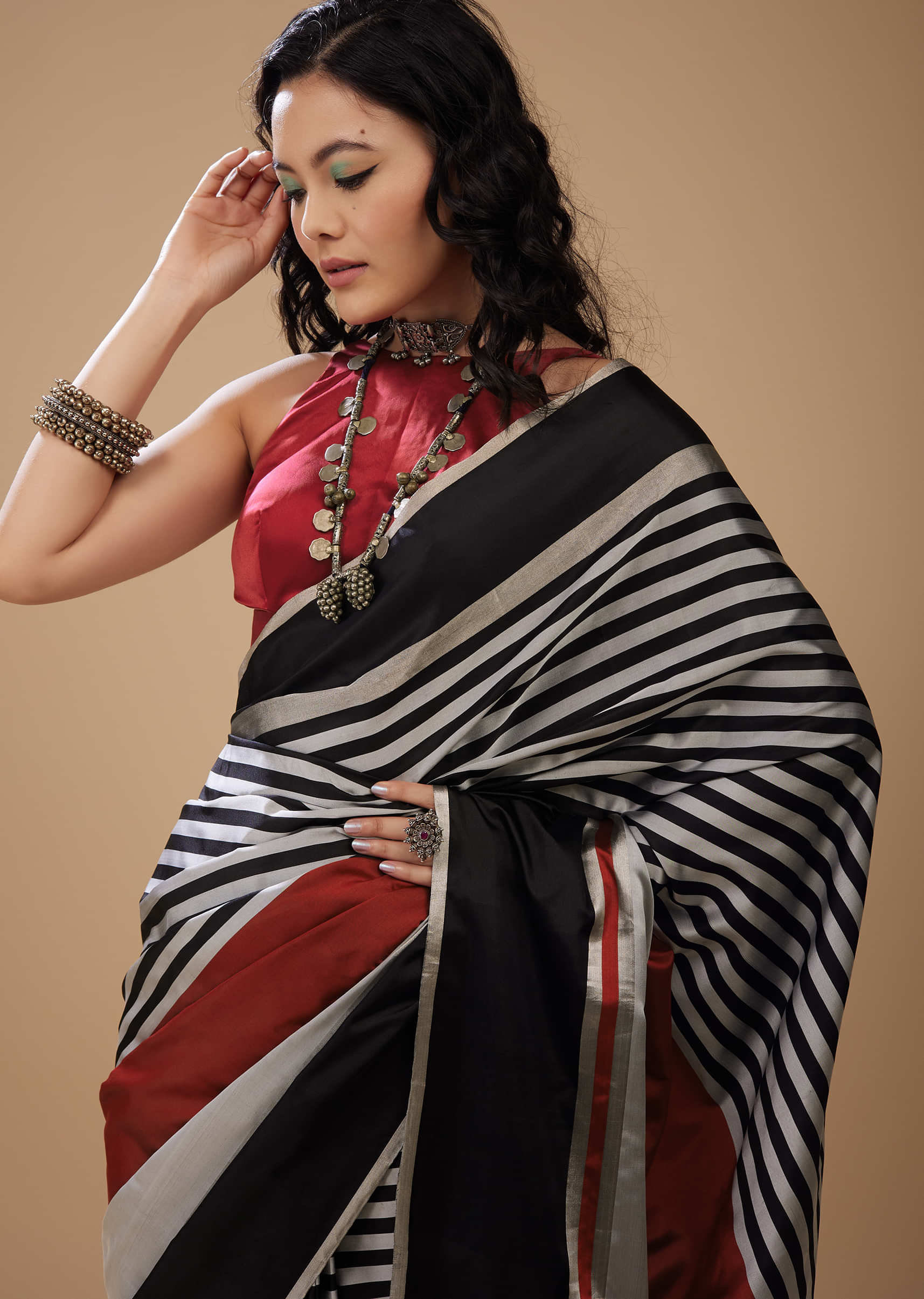 Satin Stripe Print Saree In Black Silver And Maroon Red