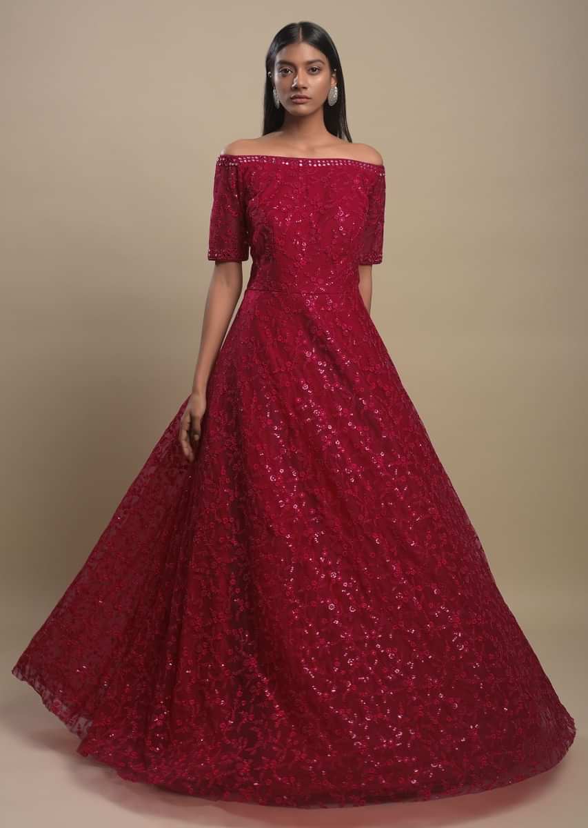 Scarlet Indowestern Gown In Net With Off Shoulder Neckline And Thread Work In Floral Jaal Online - Kalki Fashion