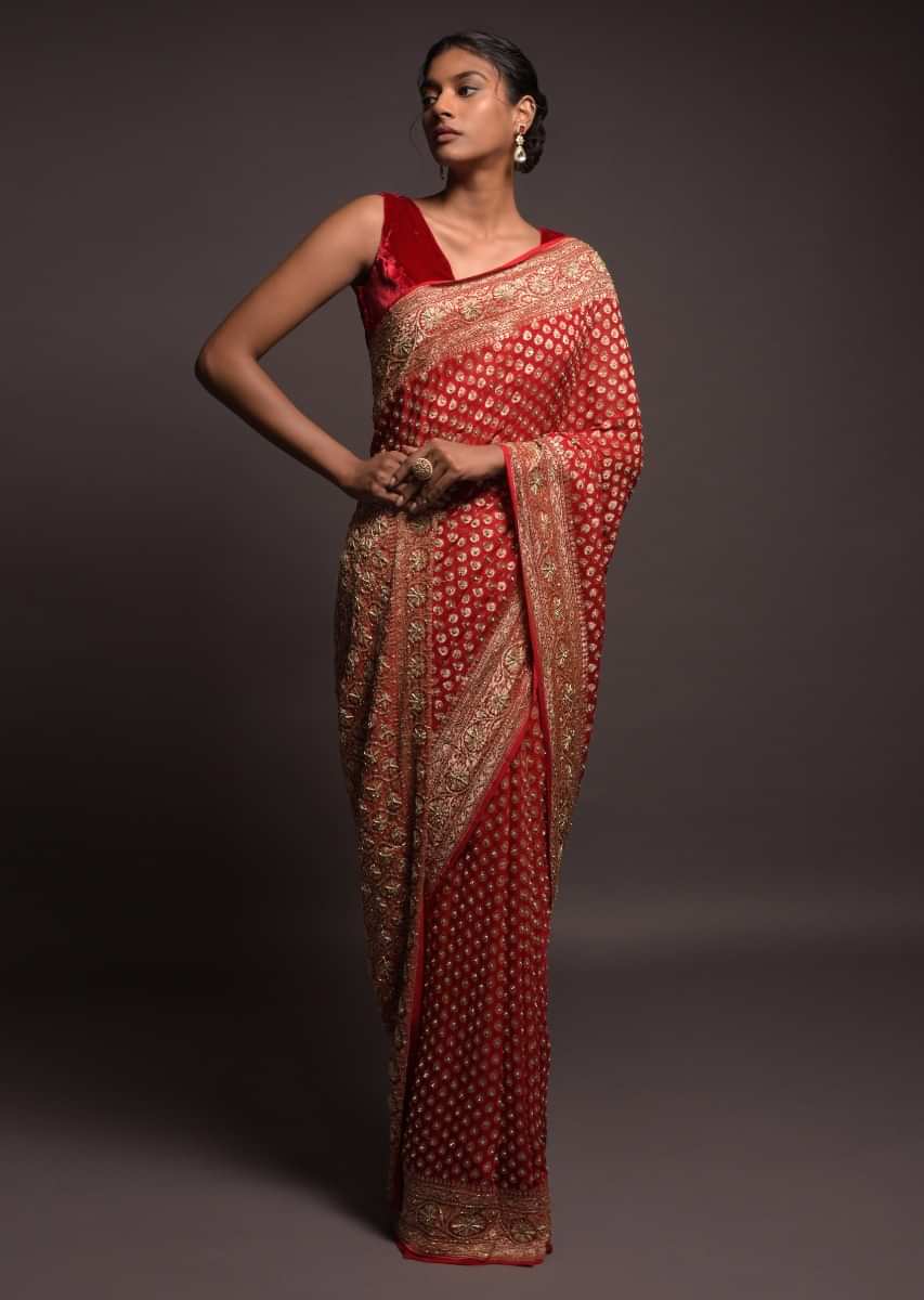 Scarlet Red Banarasi Saree In Georgette With Weaved Buttis And Stone Work