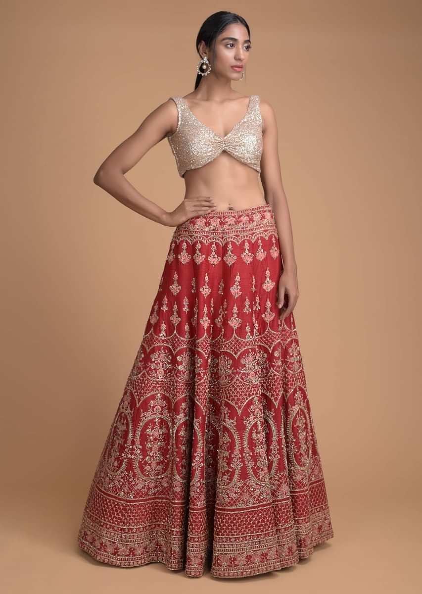Scarlet Red Lehenga Choli In Raw Silk With Embroidered Floral And Scallop Pattern Scarlet Red Lehenga Choli