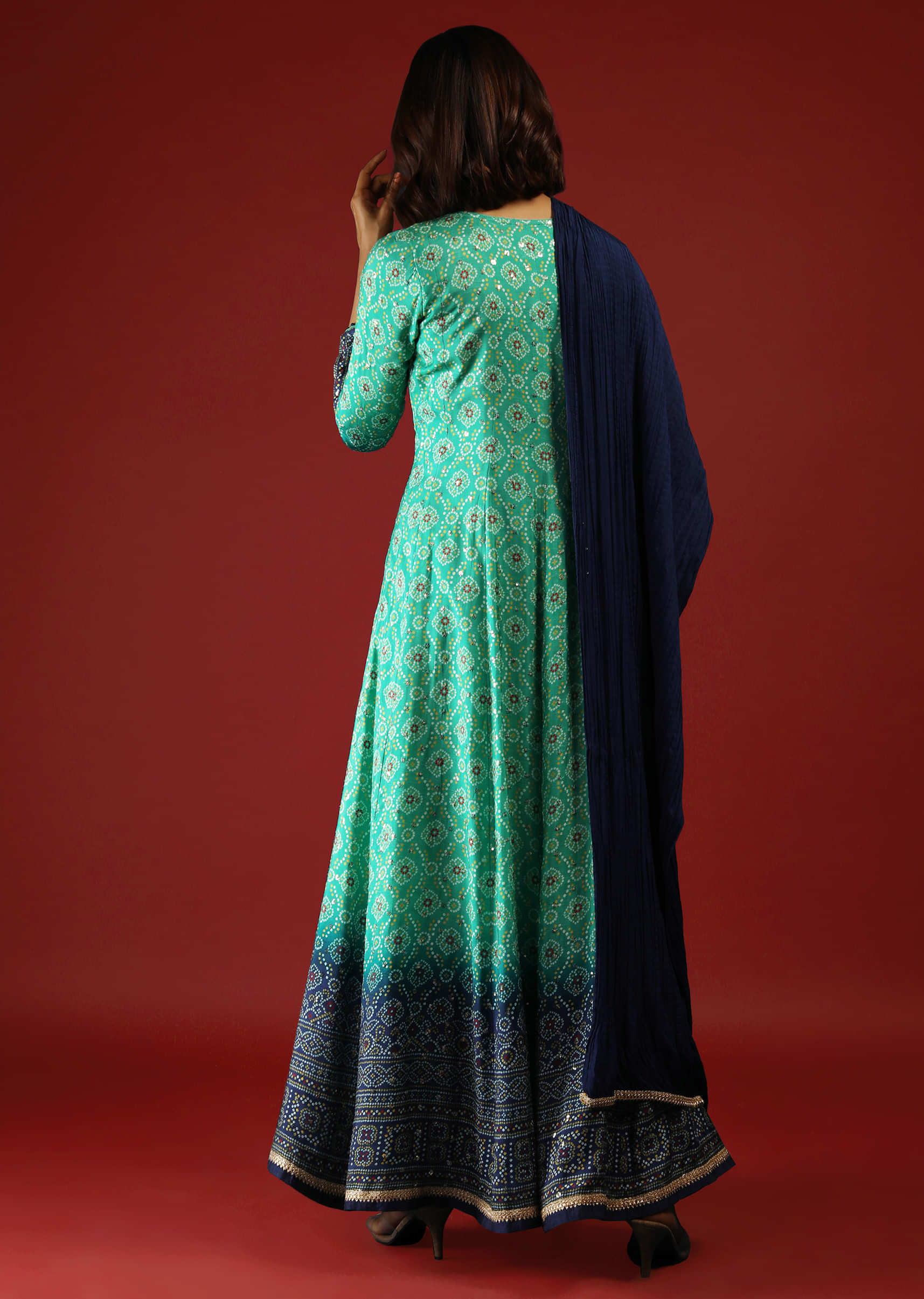 Sea Green And Cobalt Blue Shaded Anarkali Suit With Bandhani Print  