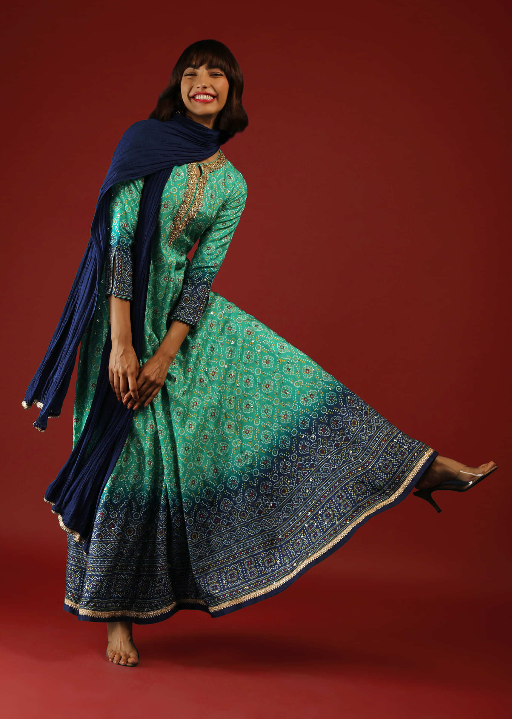 Sea Green And Cobalt Blue Shaded Anarkali Suit With Bandhani Print  
