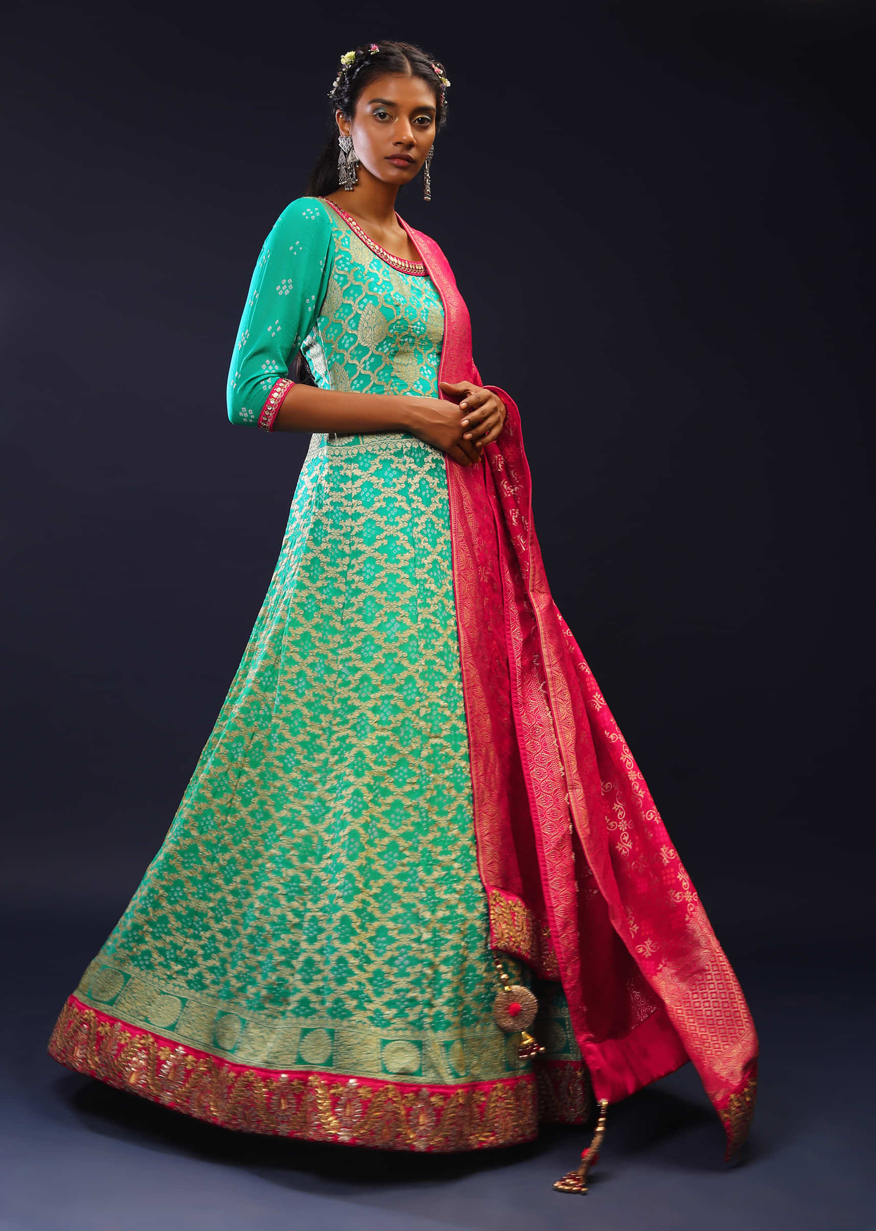 Sea Green Ombre Anarkali Suit In Georgette With Bandhani And Brocade Jaal