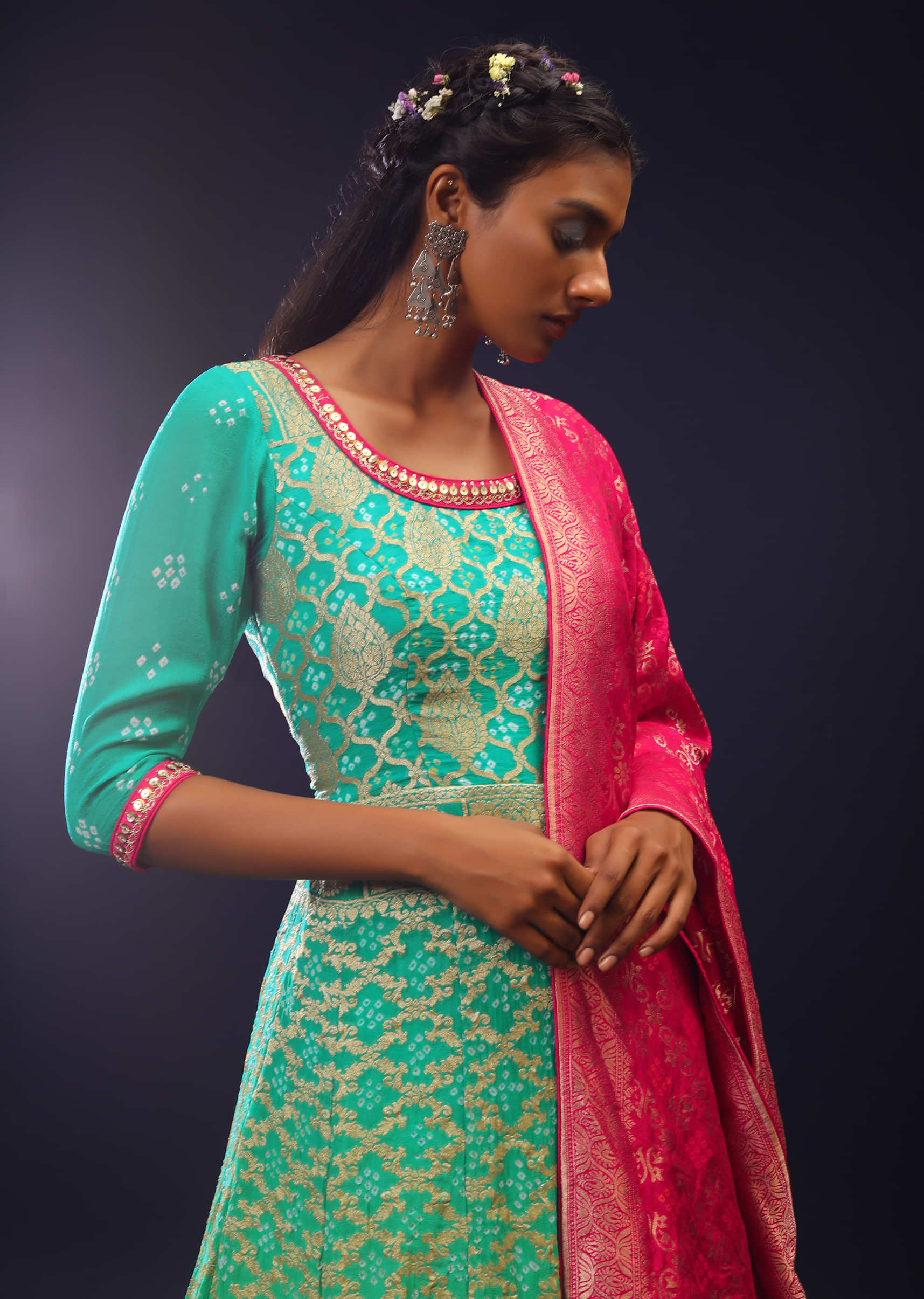 Sea Green Ombre Anarkali Suit In Georgette With Bandhani And Brocade Jaal